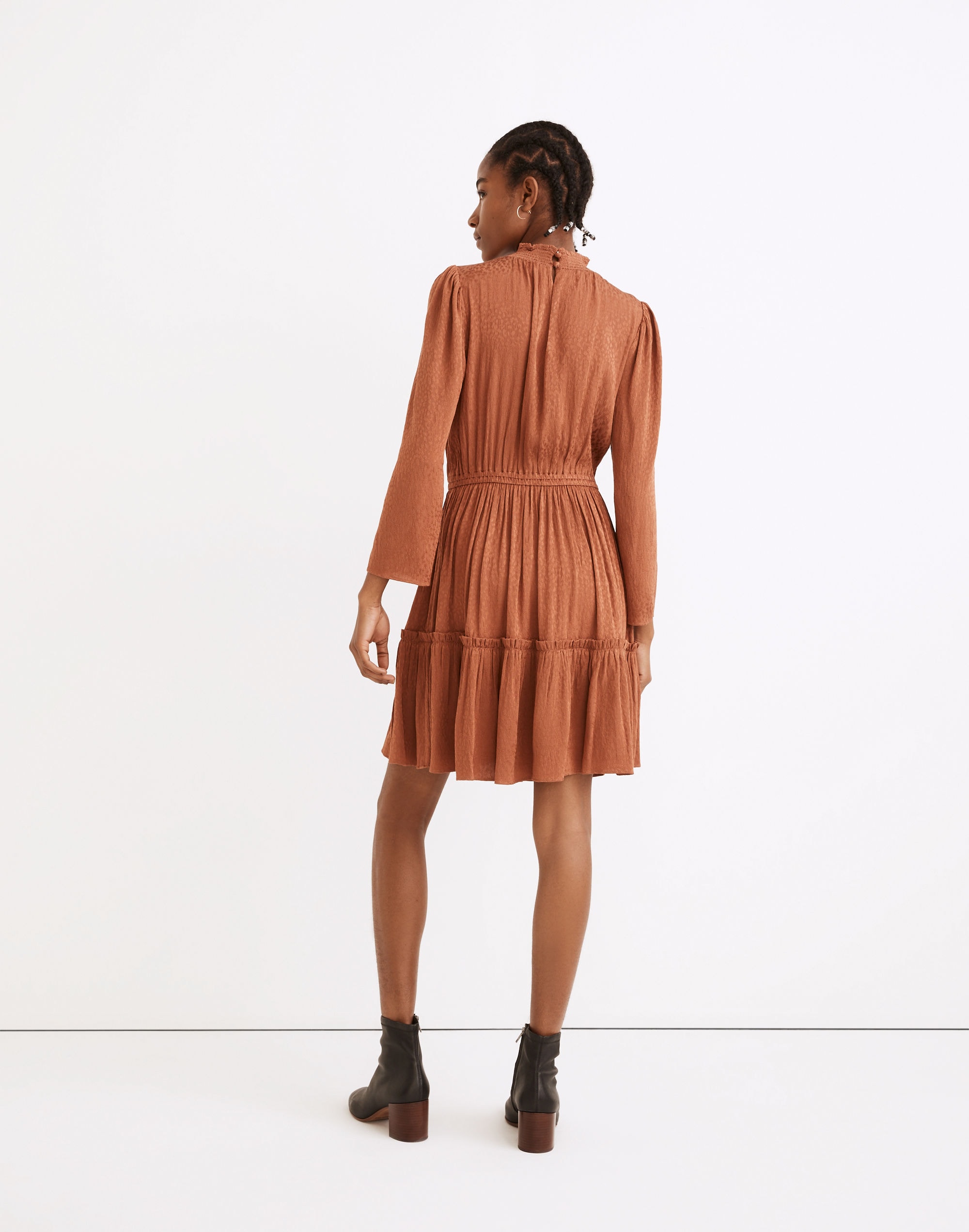 Mockneck Ruffle-Hem Mini Dress in Cheetah Jacquard
