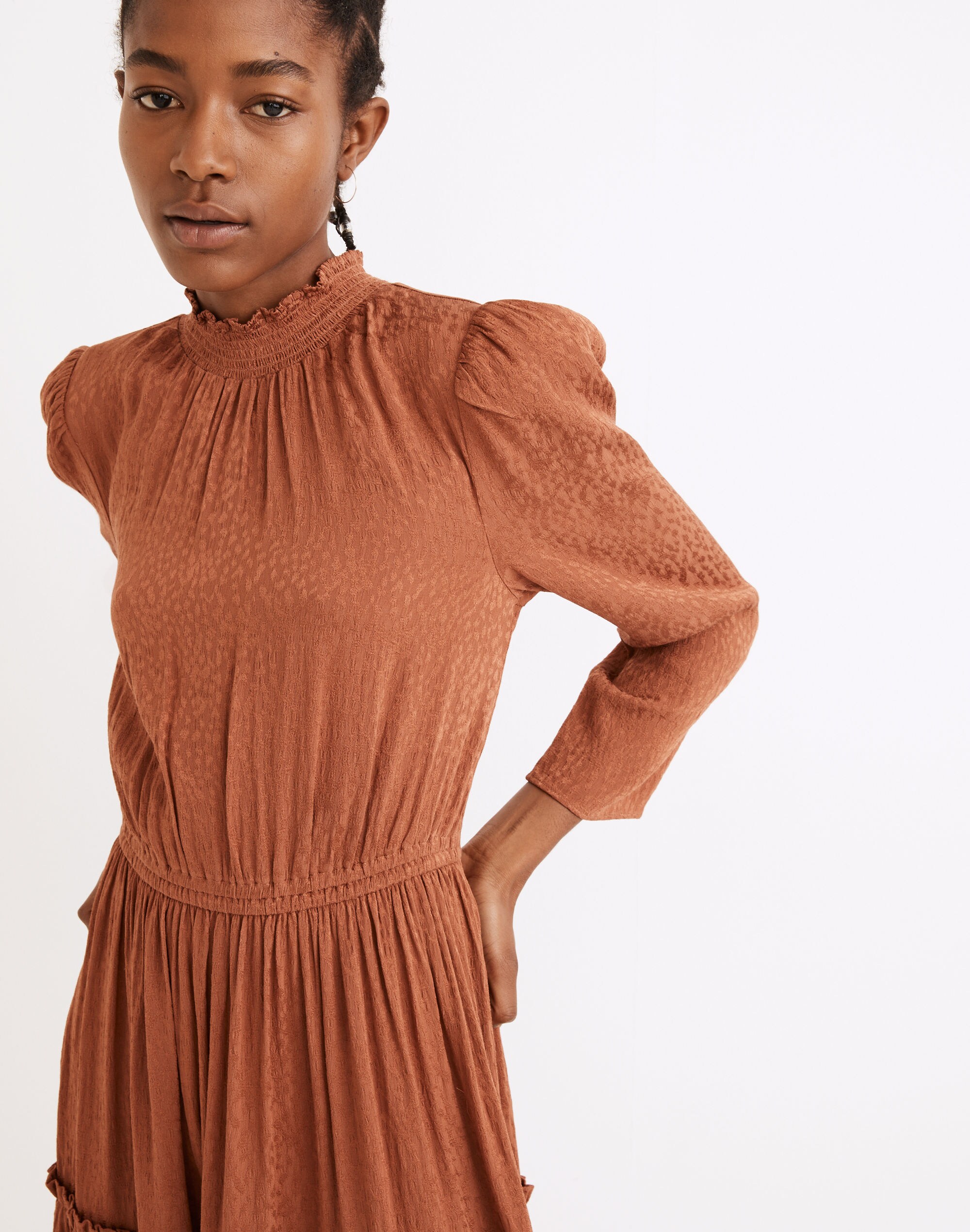 Mockneck Ruffle-Hem Mini Dress in Cheetah Jacquard