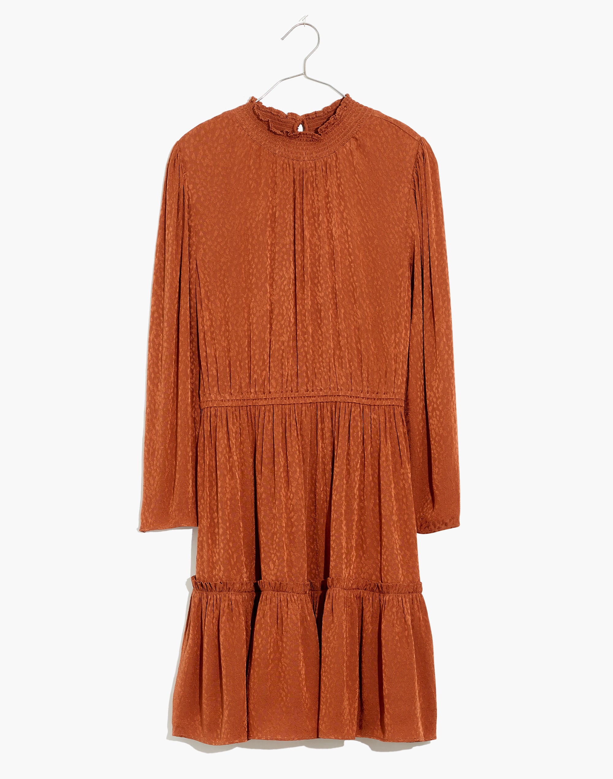 Mockneck Ruffle-Hem Mini Dress in Cheetah Jacquard