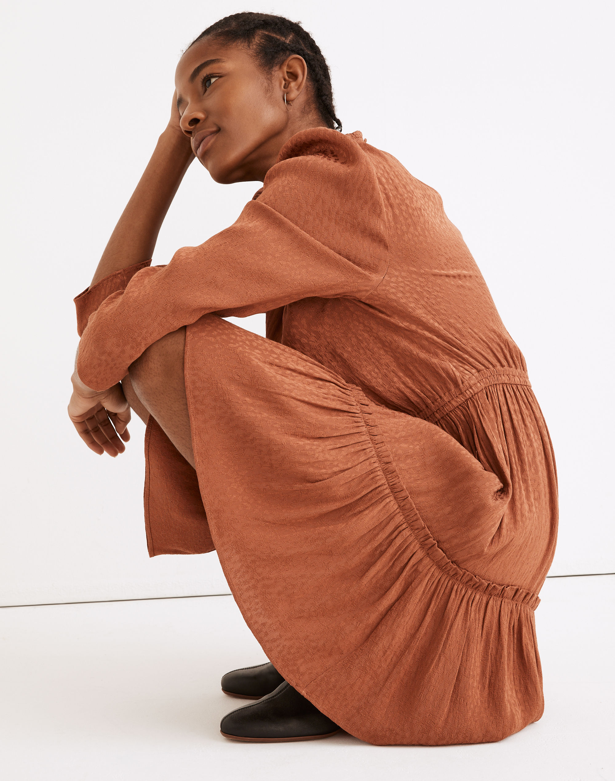 Mockneck Ruffle-Hem Mini Dress in Cheetah Jacquard