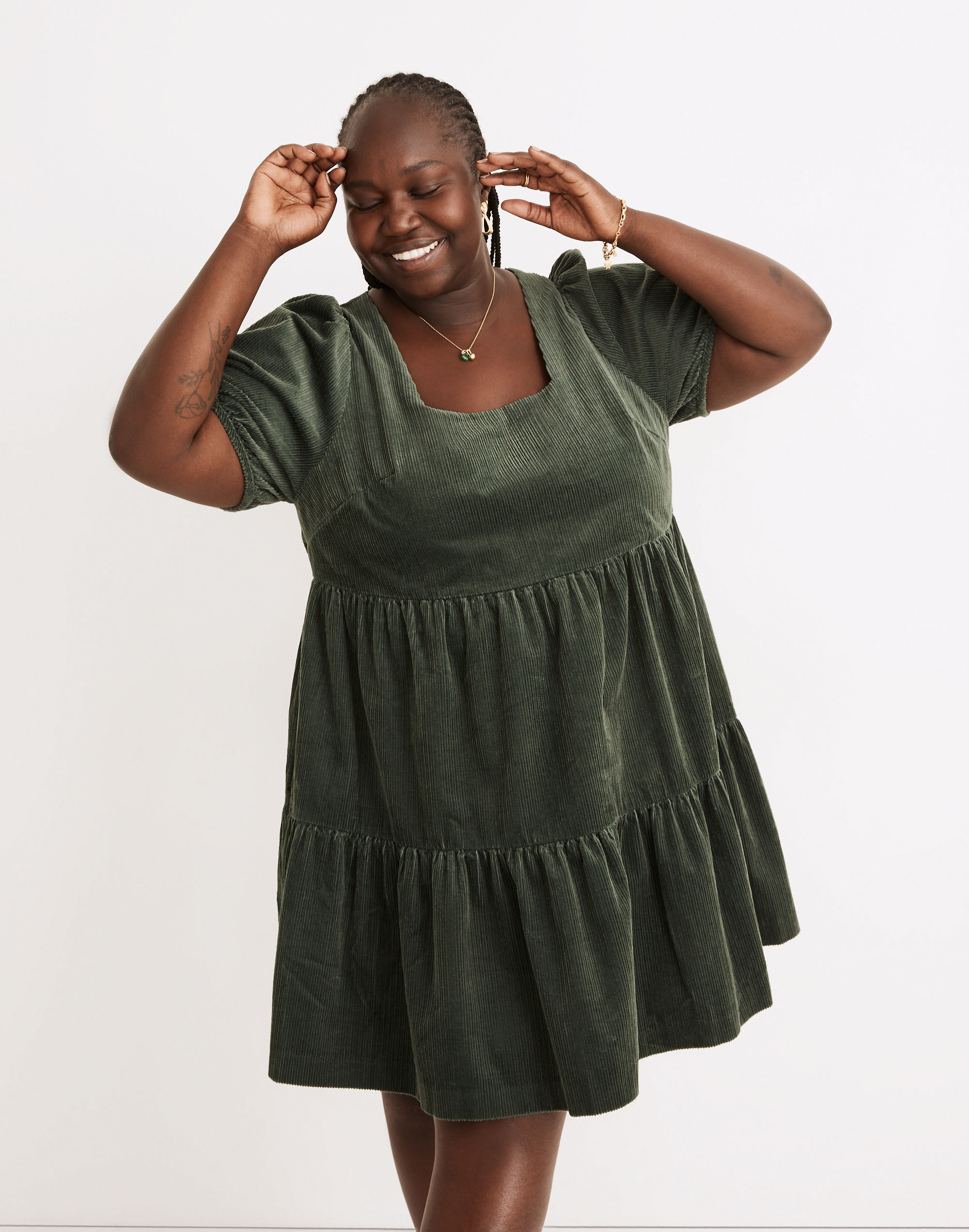 Plus Corduroy Aidy Square-Neck Tiered Mini Dress