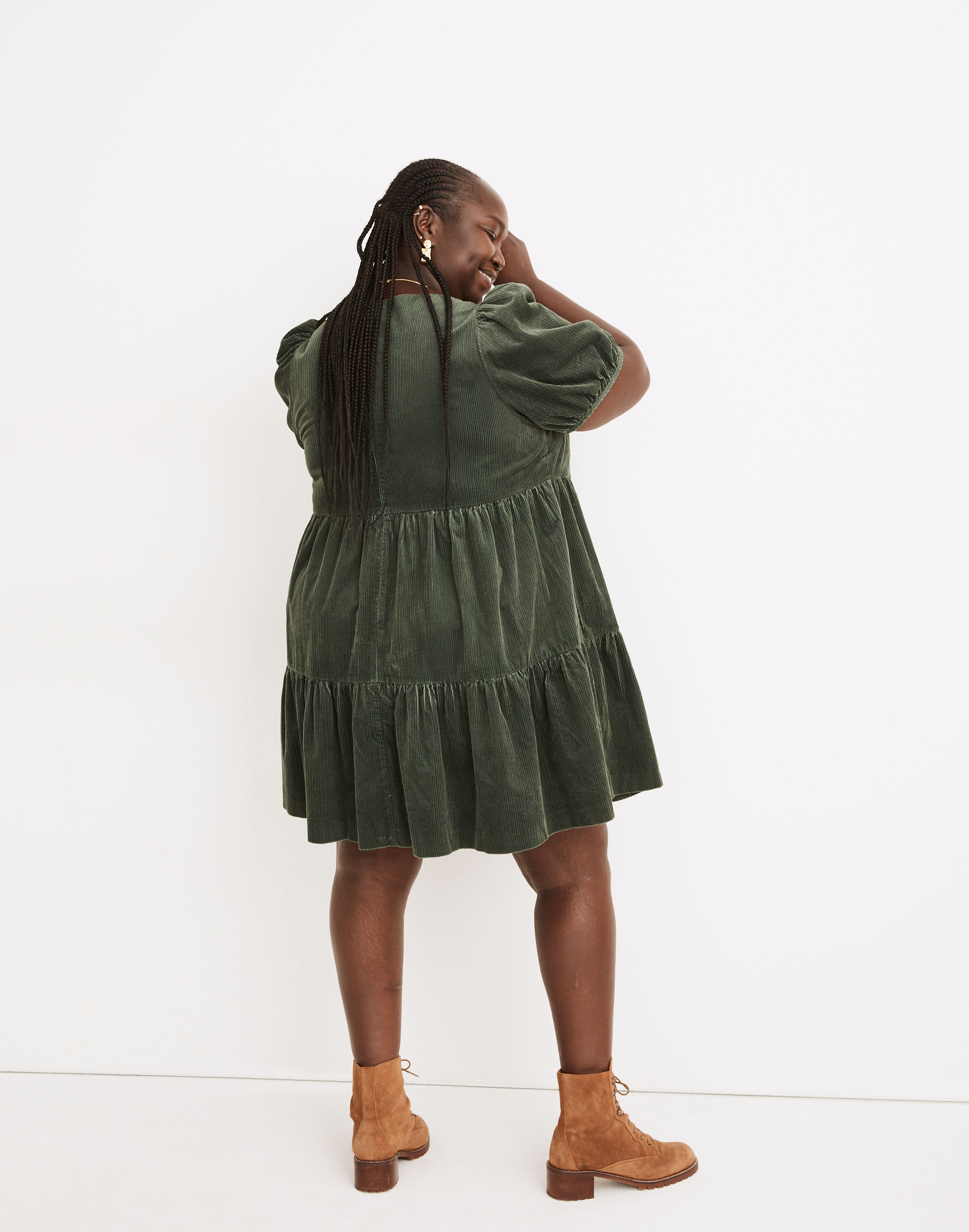 Plus Corduroy Aidy Square-Neck Tiered Mini Dress