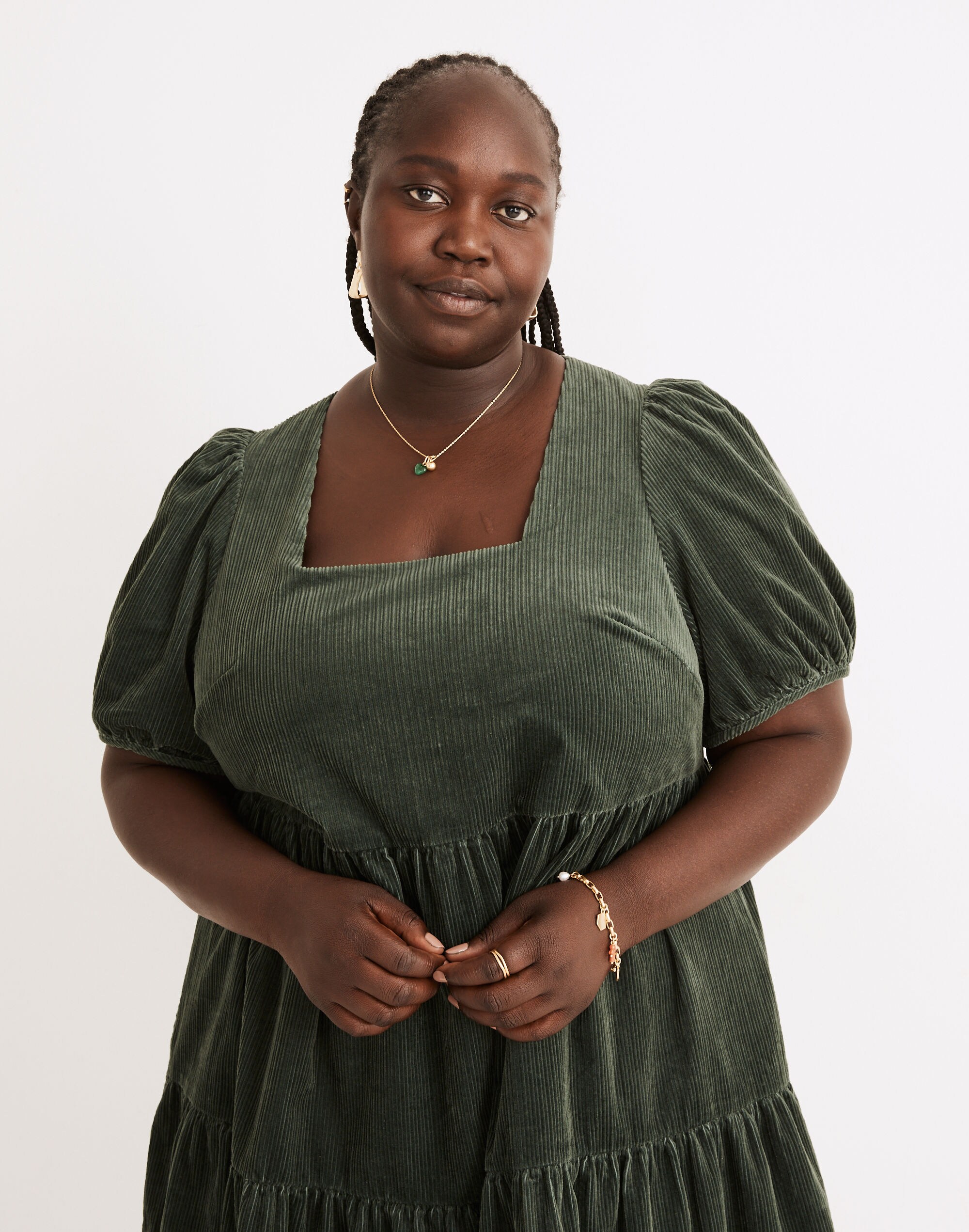 Plus Corduroy Aidy Square-Neck Tiered Mini Dress