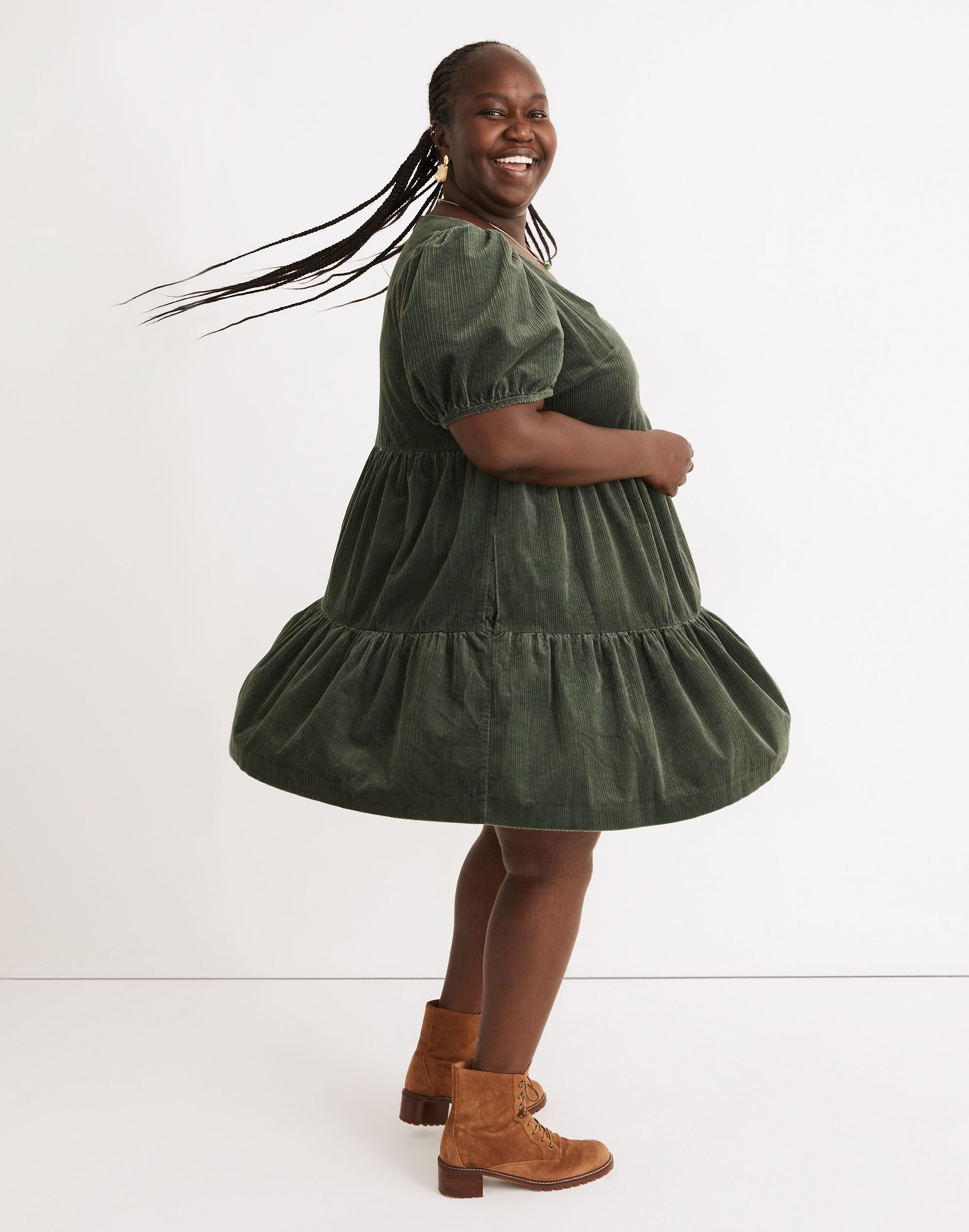 Plus Corduroy Aidy Square-Neck Tiered Mini Dress