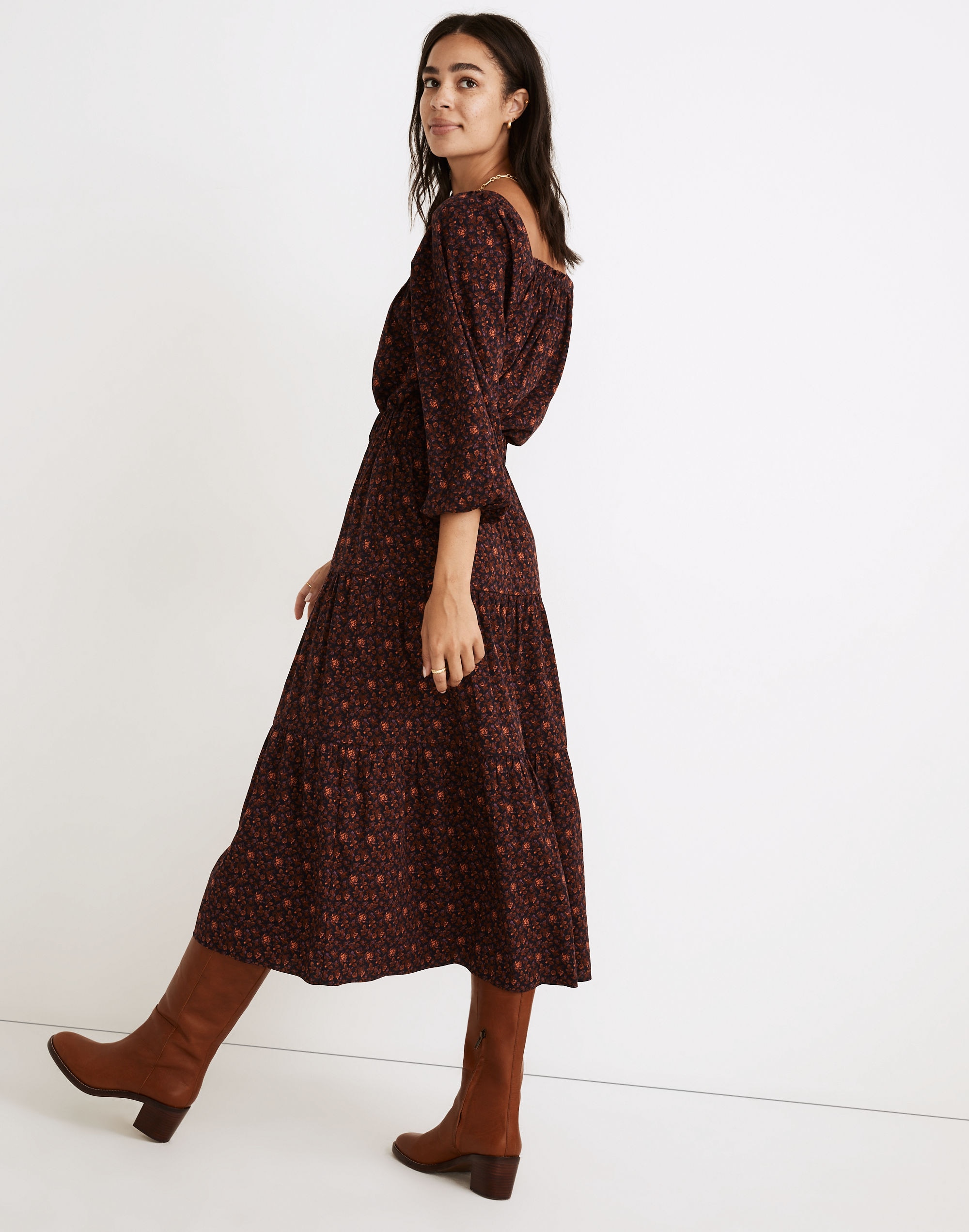 Pull-On Tiered Maxi Skirt in Orchard Floral