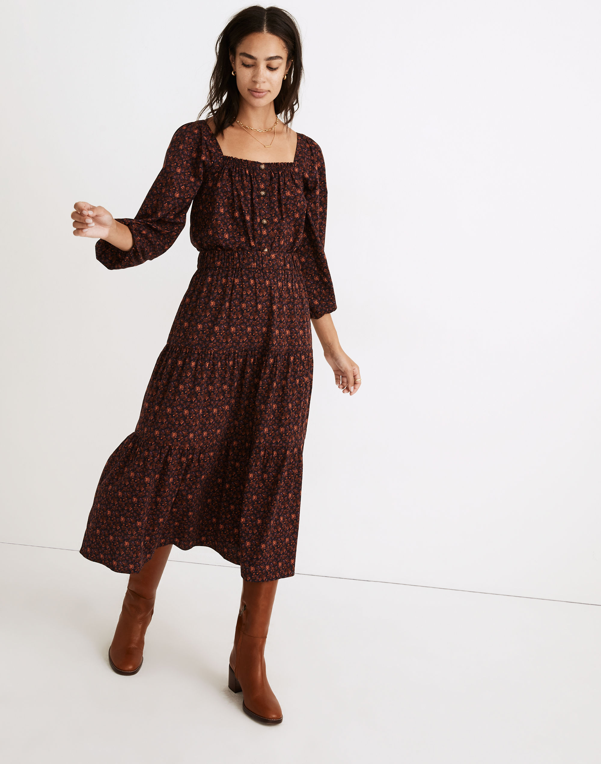 Pull-On Tiered Maxi Skirt in Orchard Floral