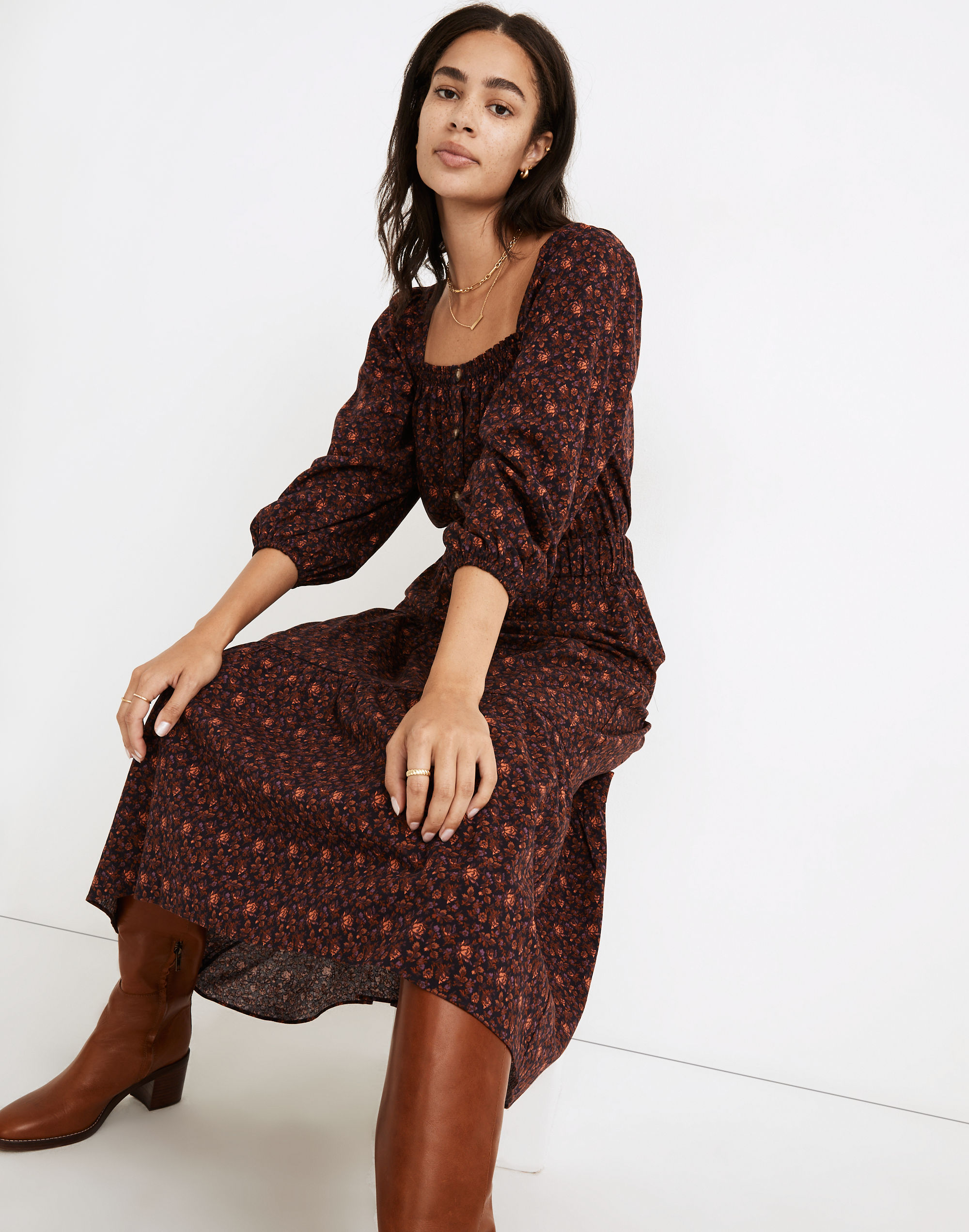 Pull-On Tiered Maxi Skirt in Orchard Floral