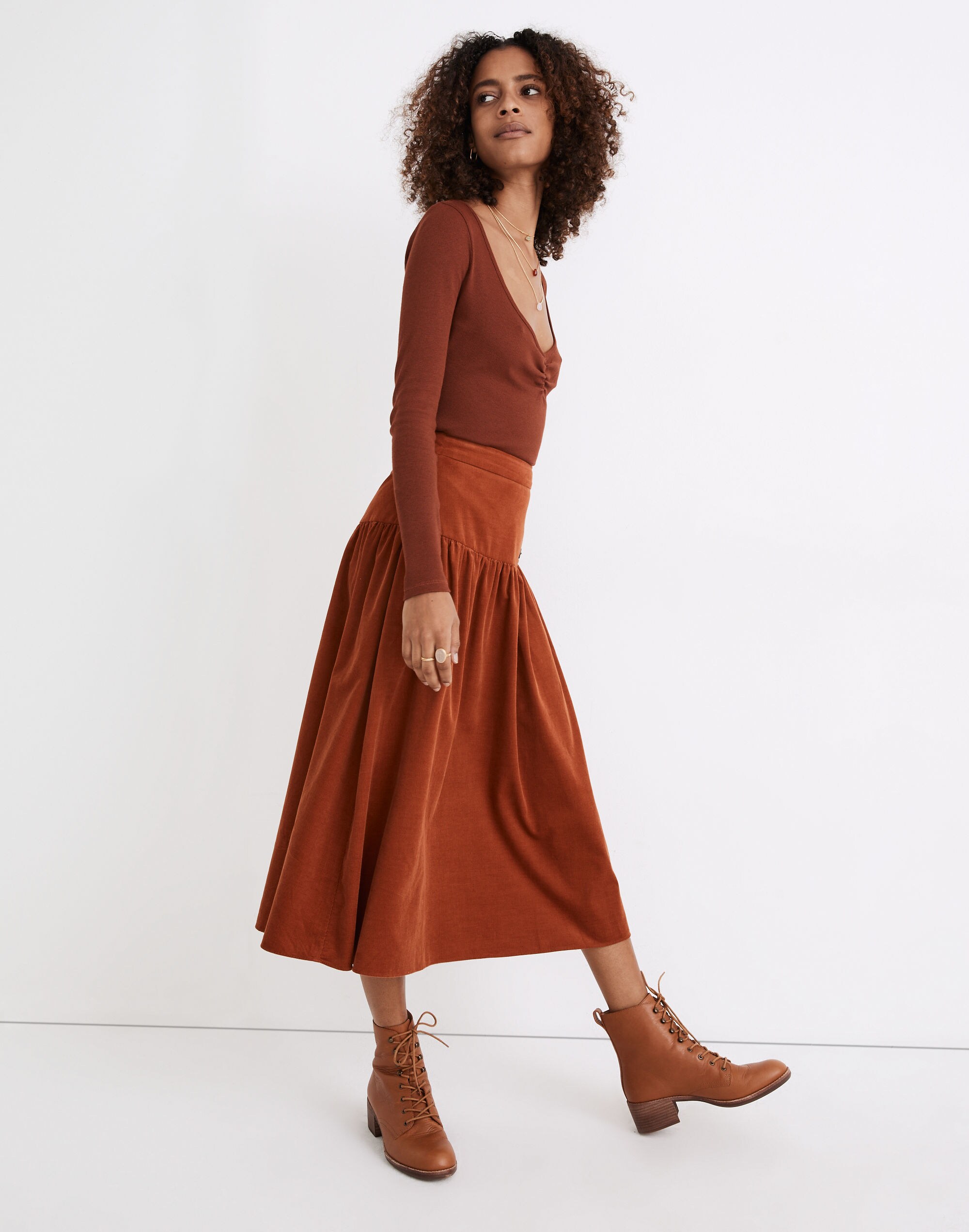 Corduroy Button-Yoke Midi Skirt