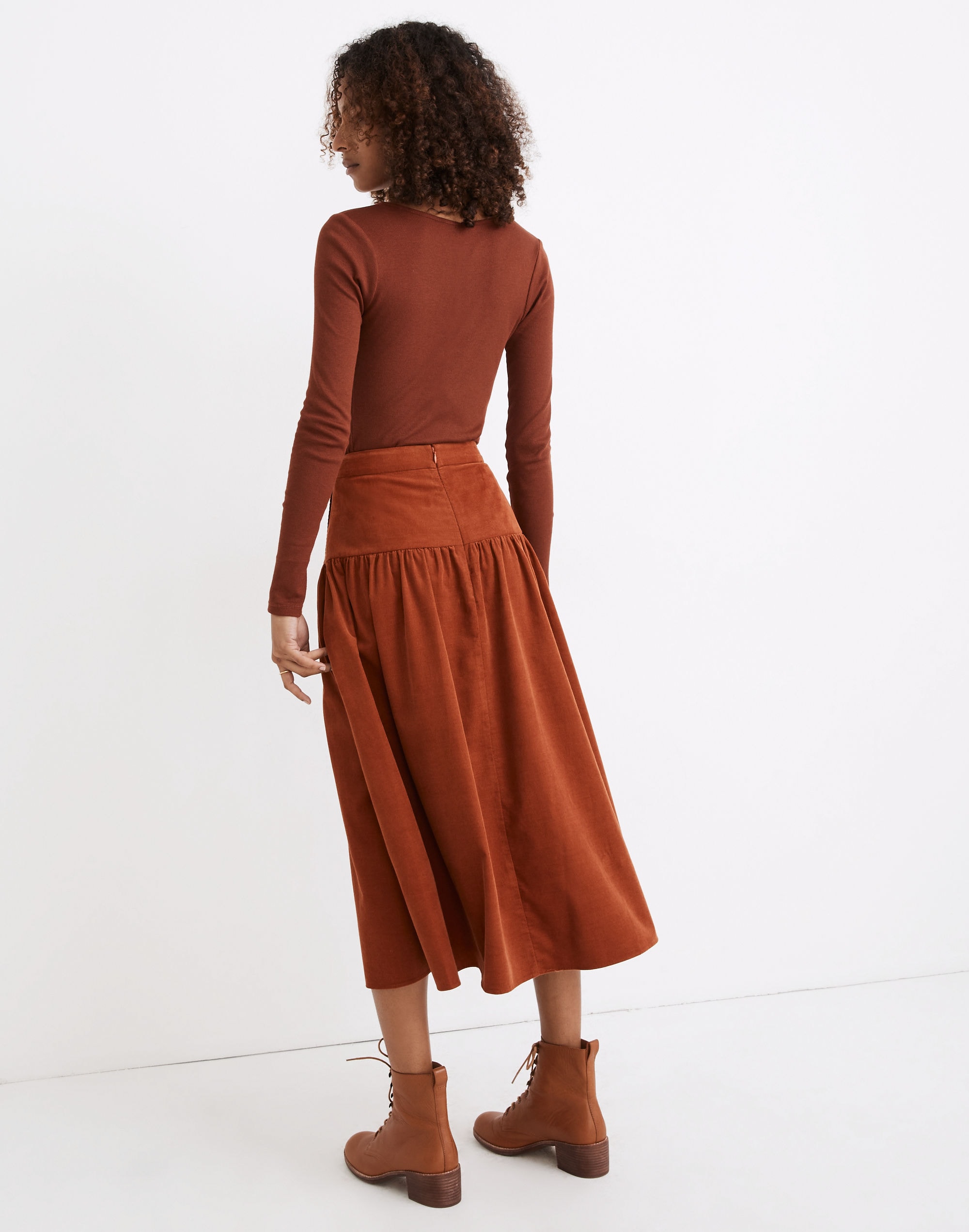 Corduroy Button-Yoke Midi Skirt