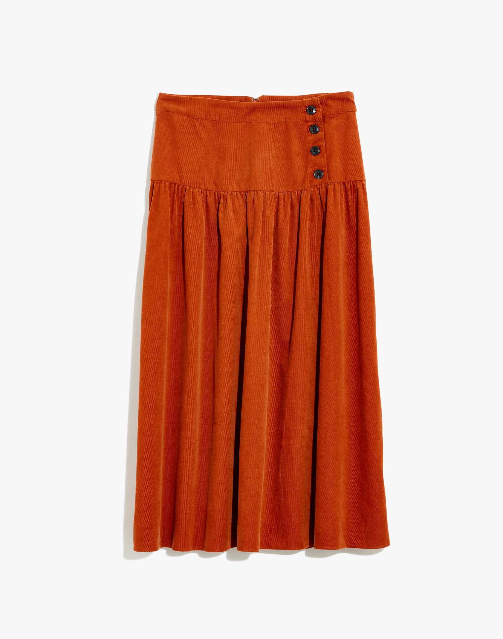 Corduroy Button-Yoke Midi Skirt