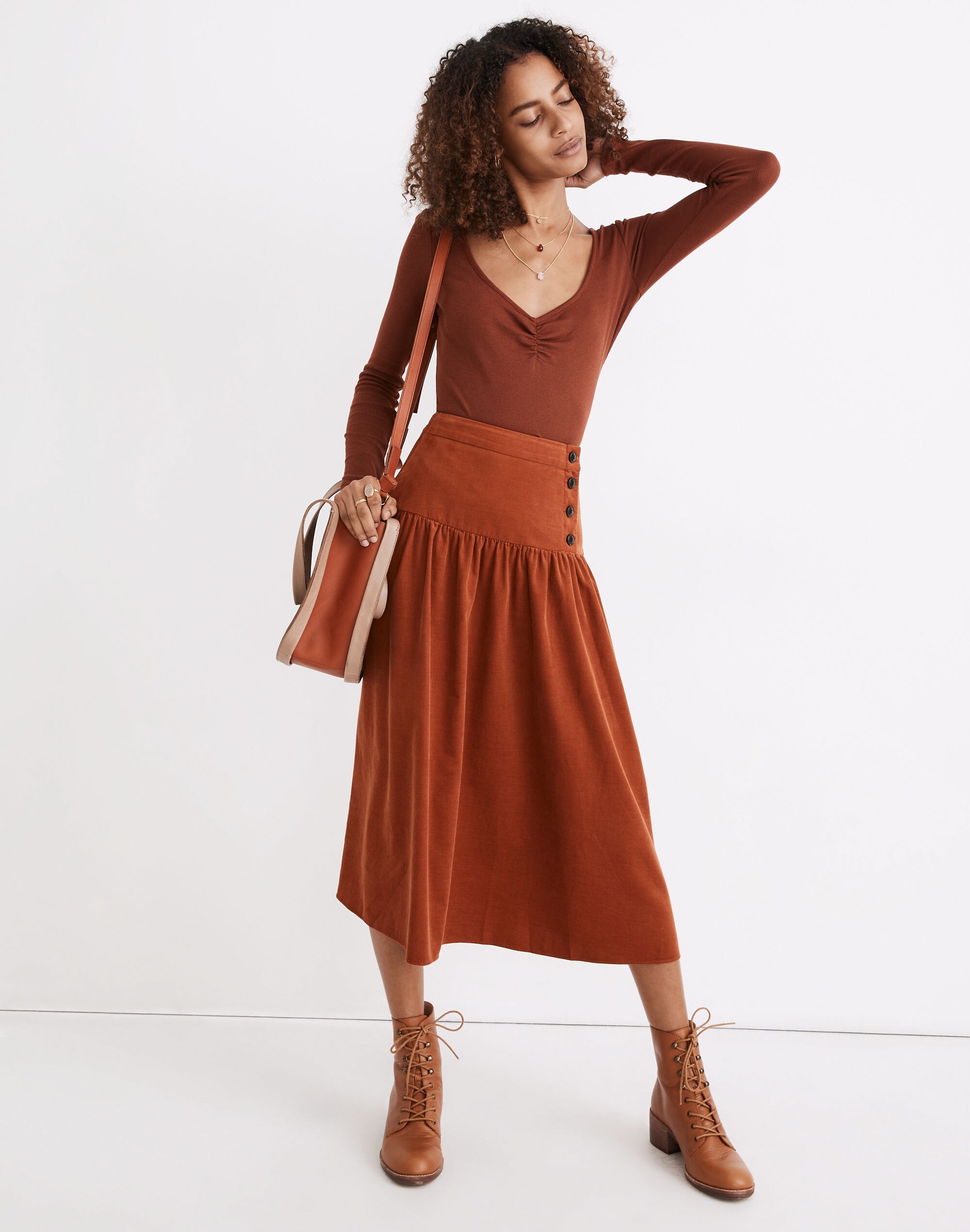 Corduroy Button-Yoke Midi Skirt
