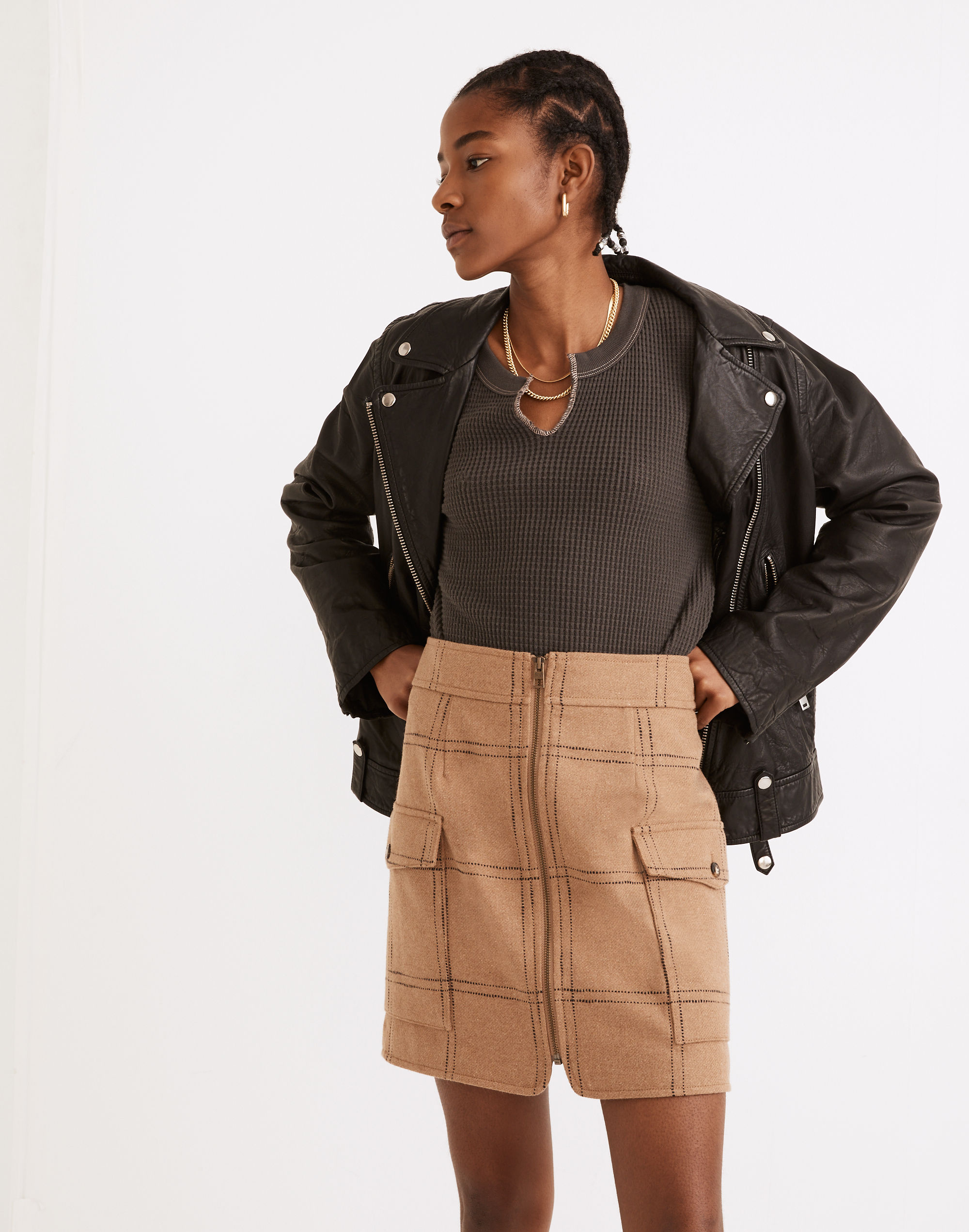 (re)sourced zip-front mini skirt in windowpane