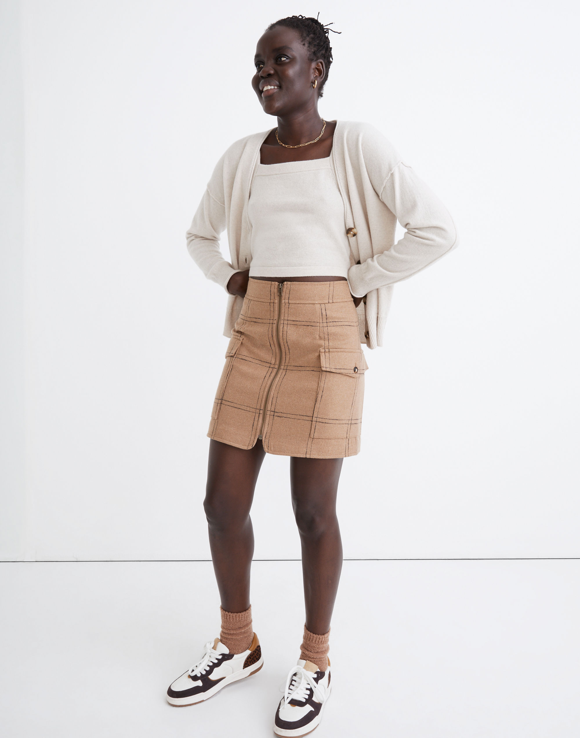 Curvy (Re)sourced Zip-Front Mini Skirt in Windowpane