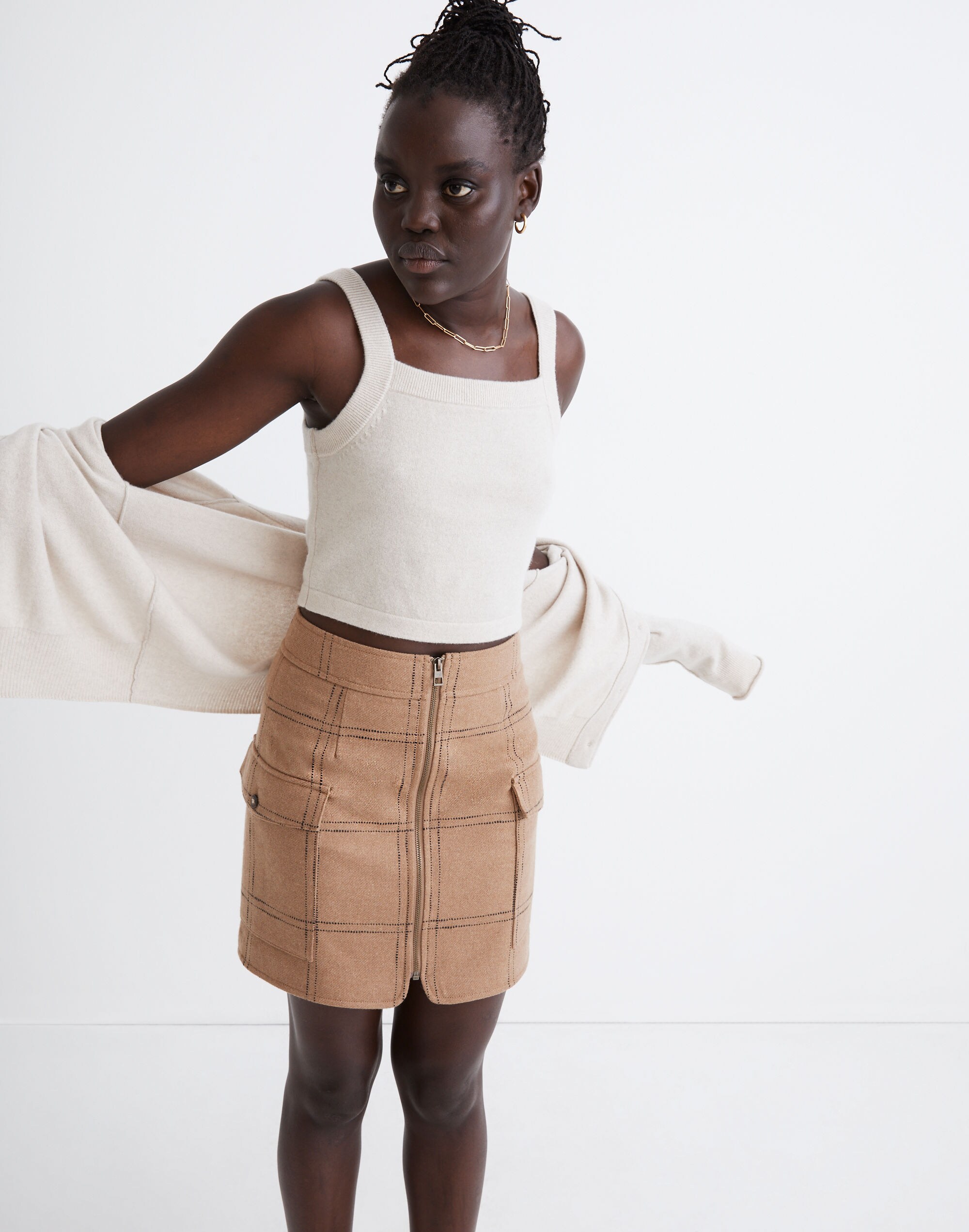 Curvy (Re)sourced Zip-Front Mini Skirt in Windowpane