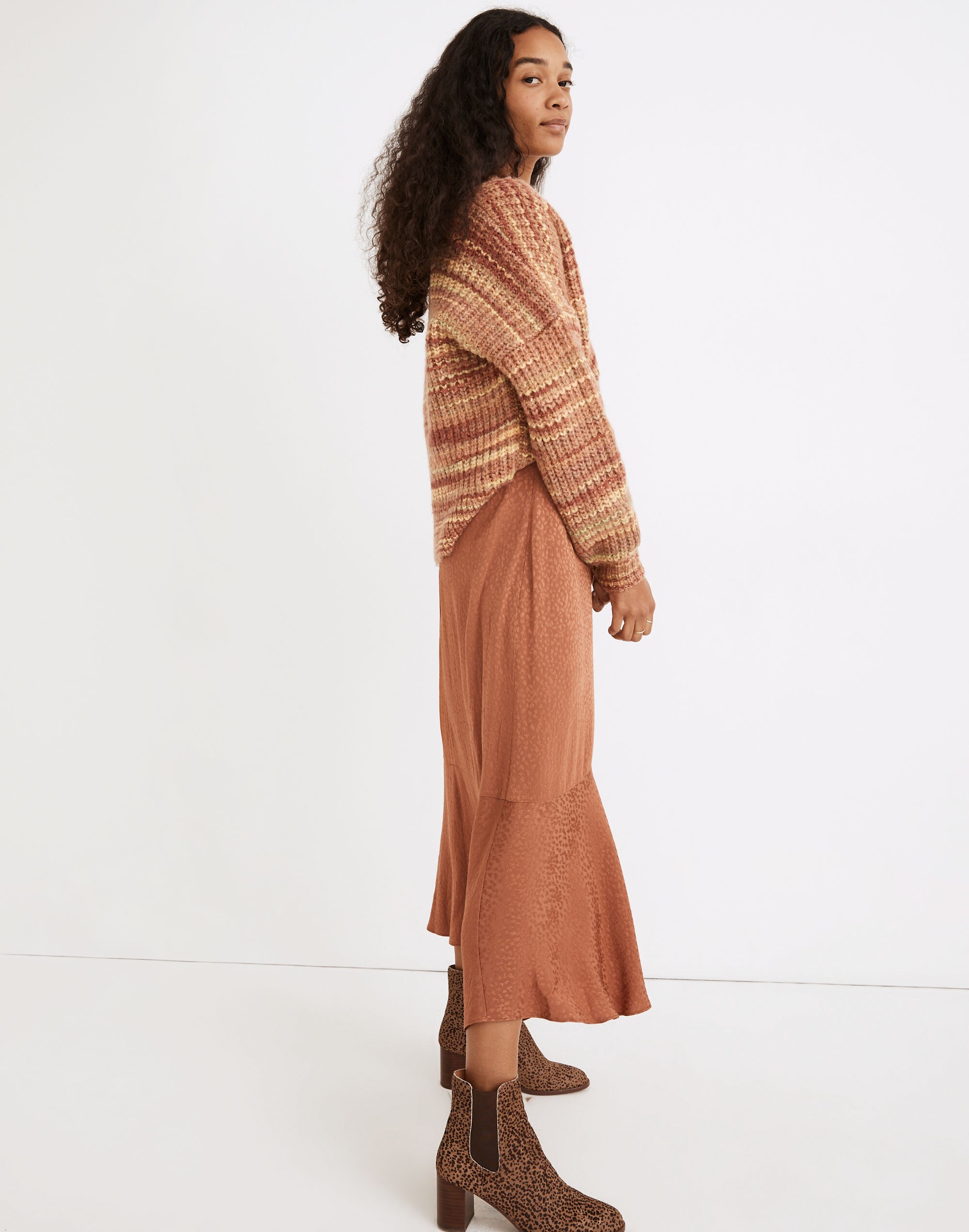 Flounce-Hem Midi Skirt in Cheetah Jacquard