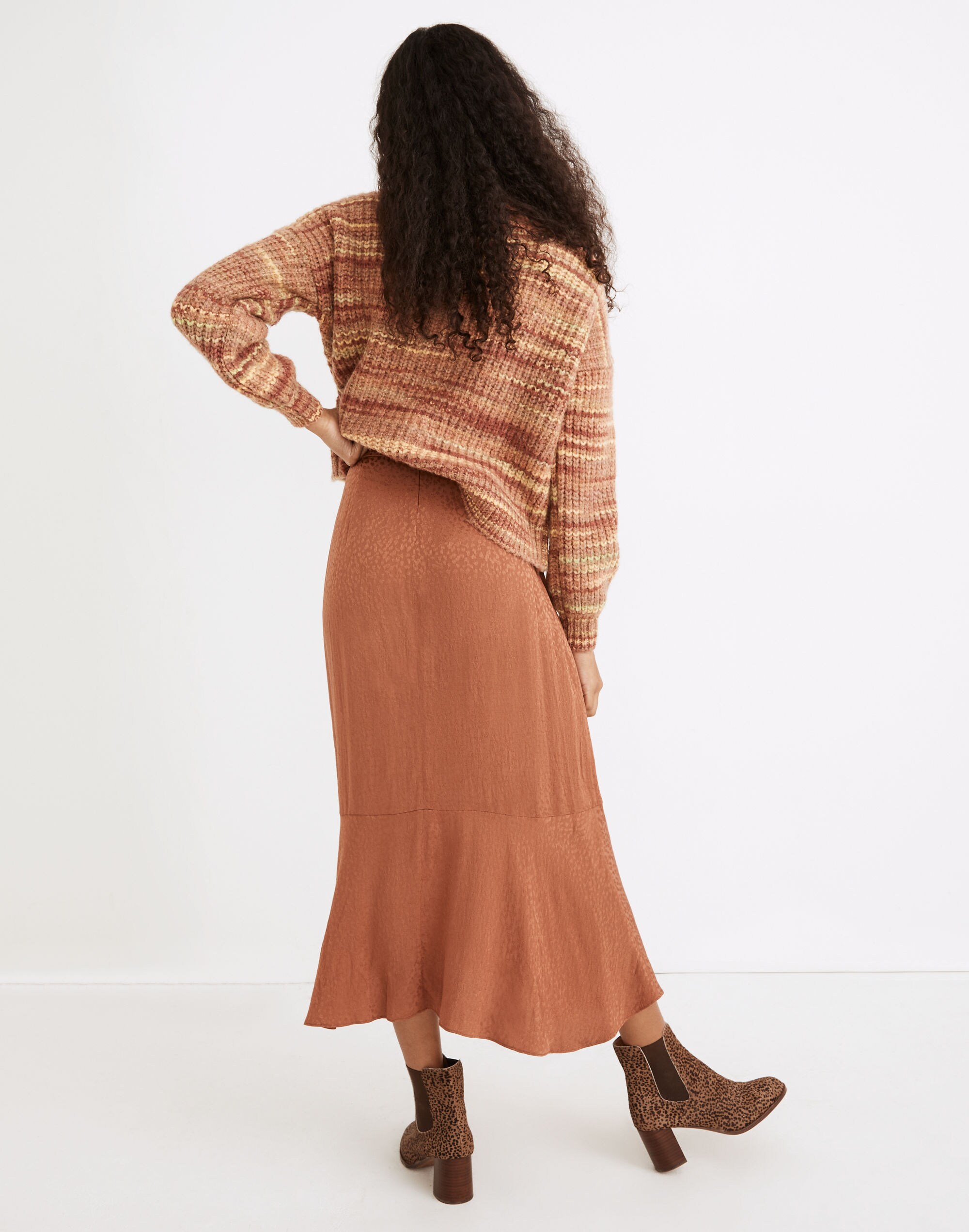 Flounce-Hem Midi Skirt in Cheetah Jacquard