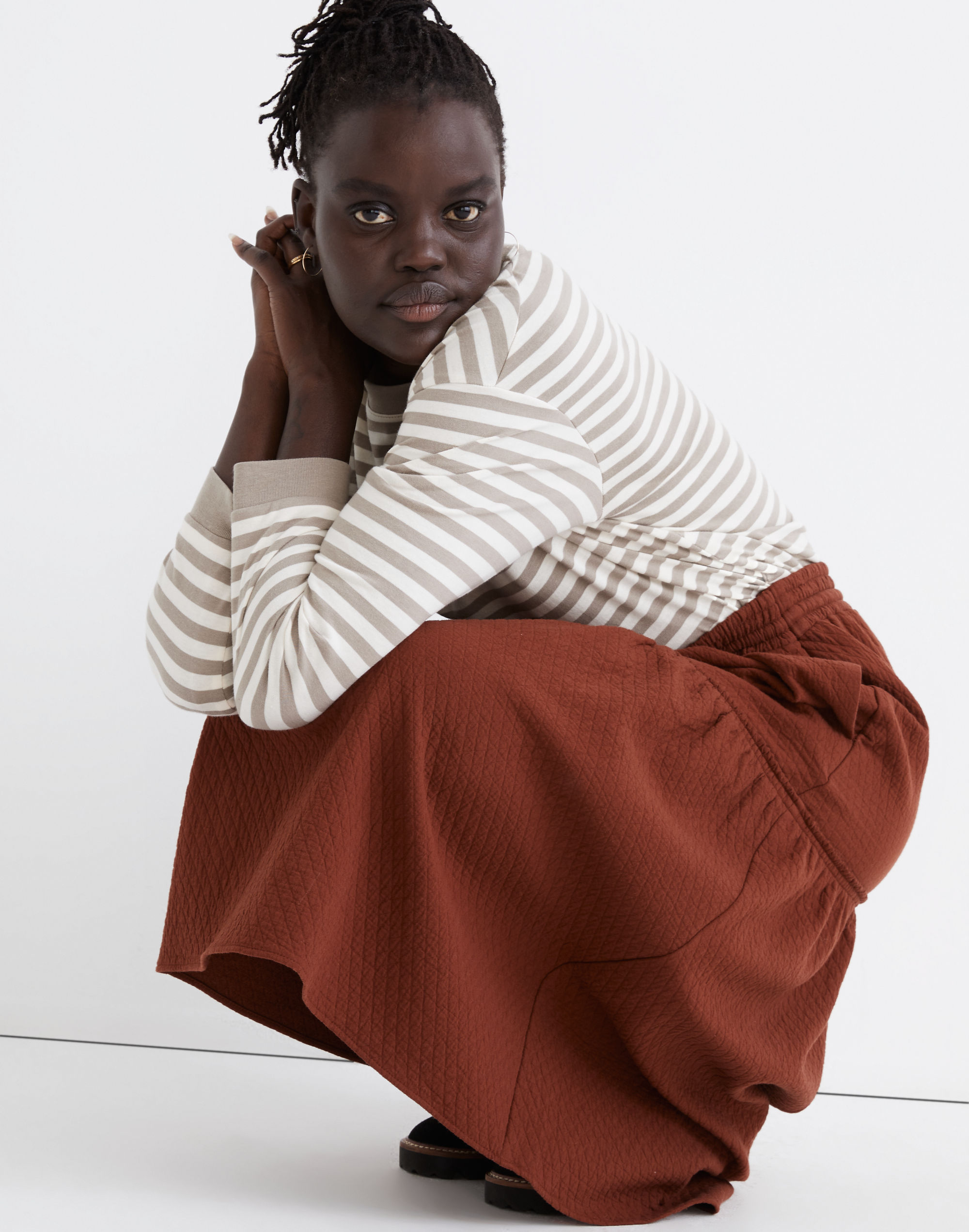 Diamond Jacquard Drawstring Midi Skirt