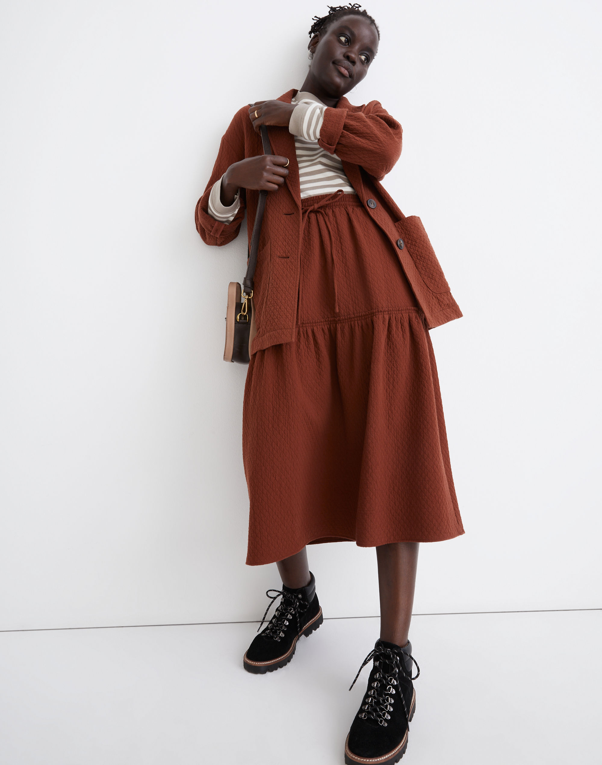 diamond jacquard drawstring midi skirt