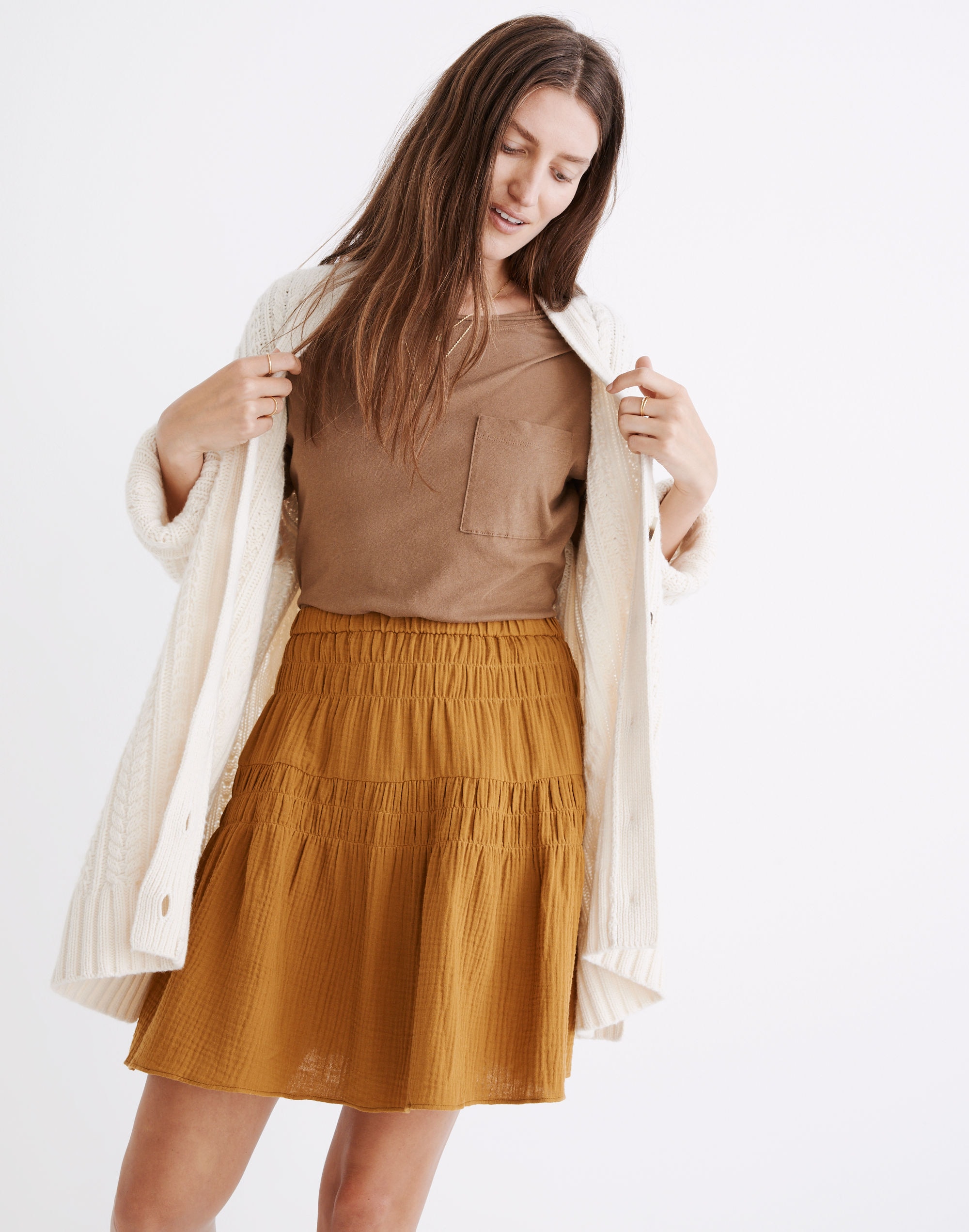 double-gauze smocked mini skirt