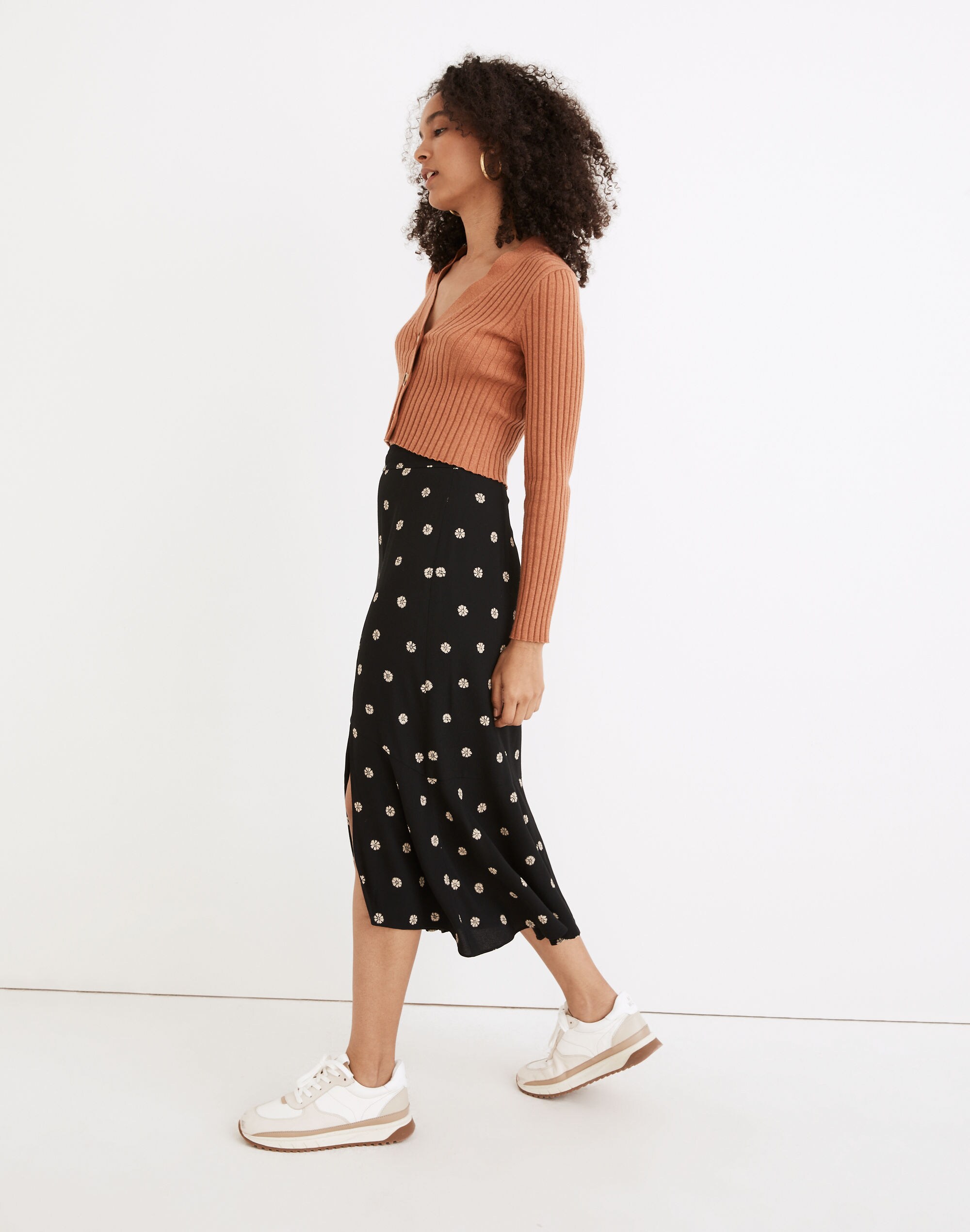 Flounce-Hem Midi Skirt in Bloom Dot