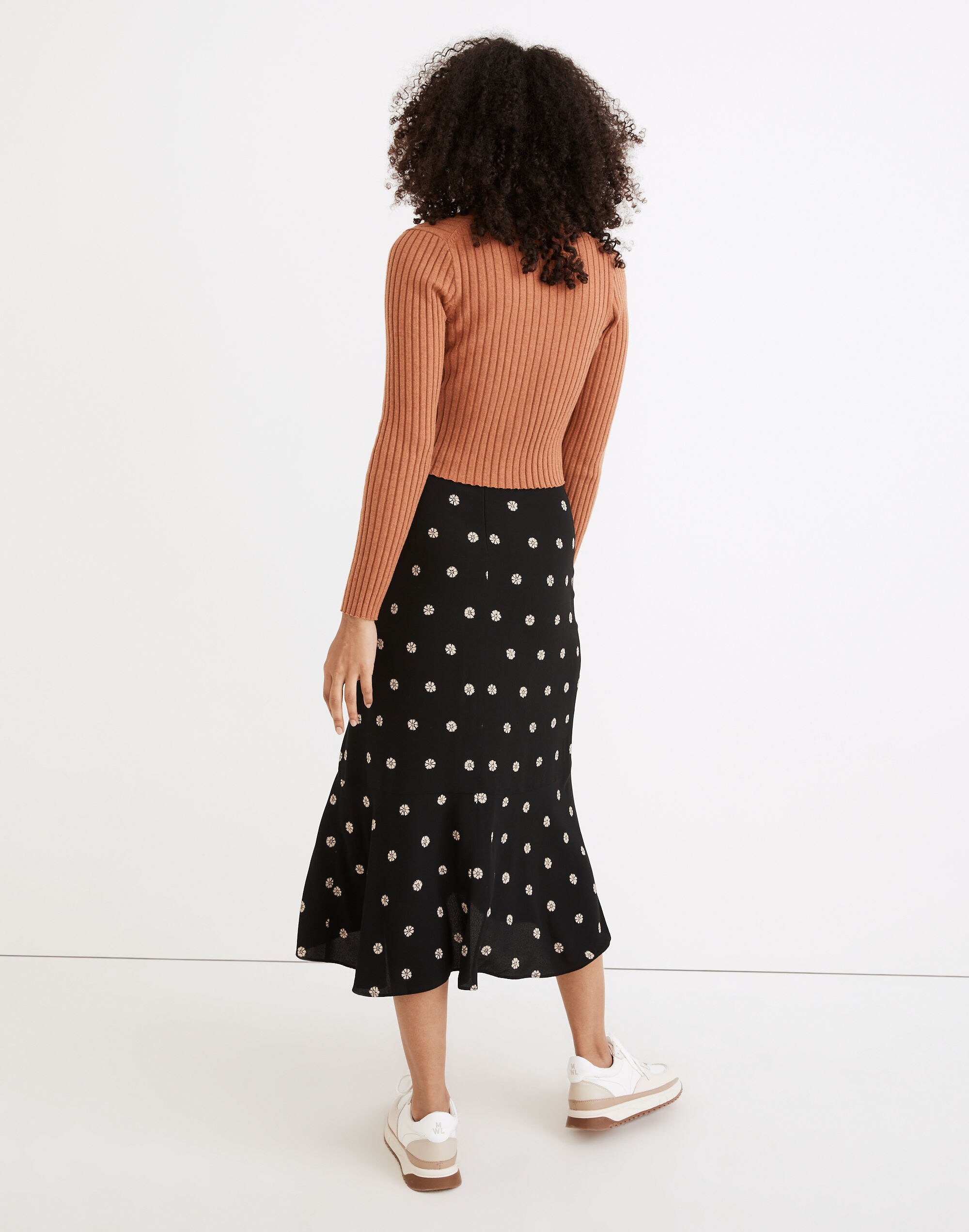 Flounce-Hem Midi Skirt in Bloom Dot