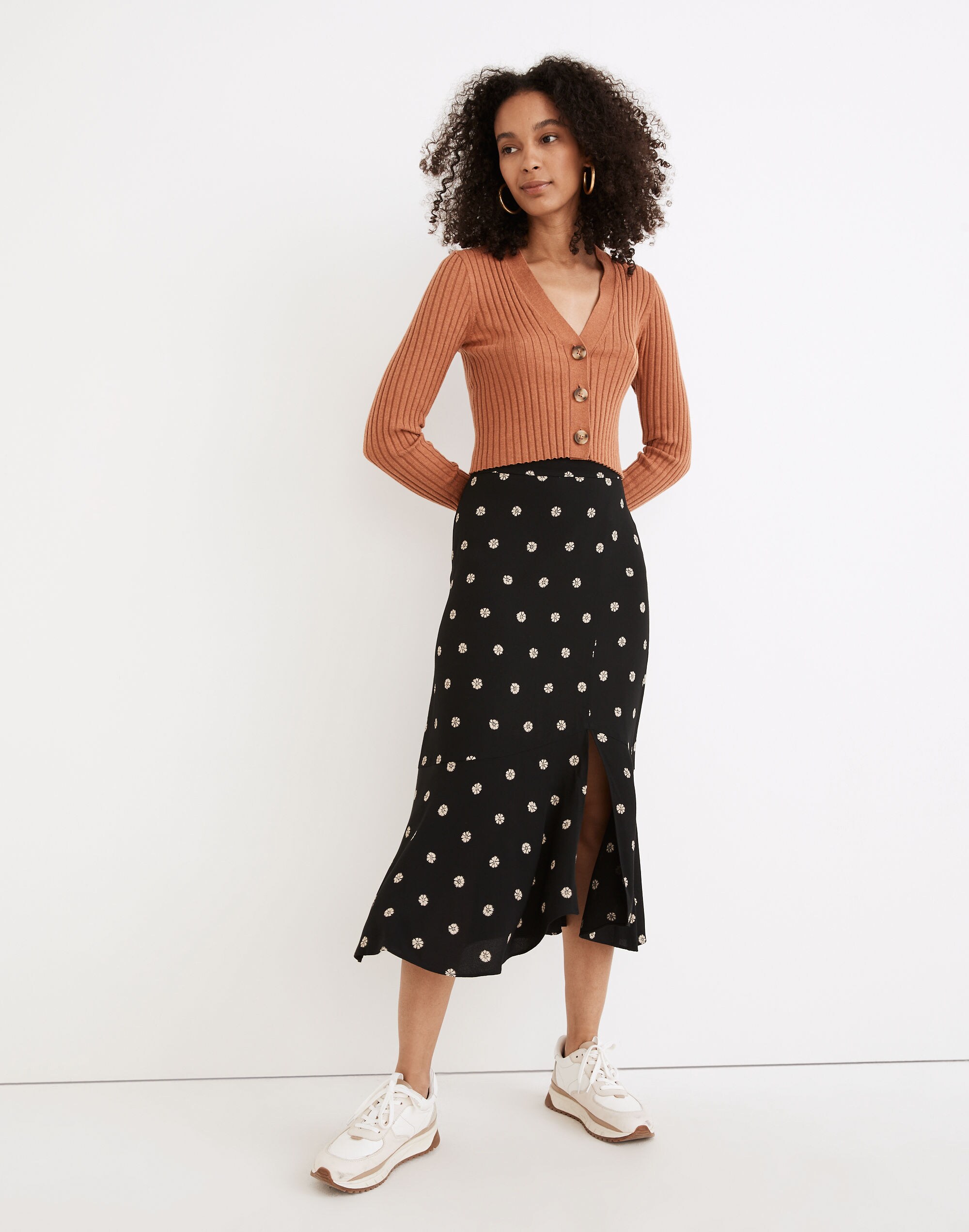 Flounce-Hem Midi Skirt in Bloom Dot