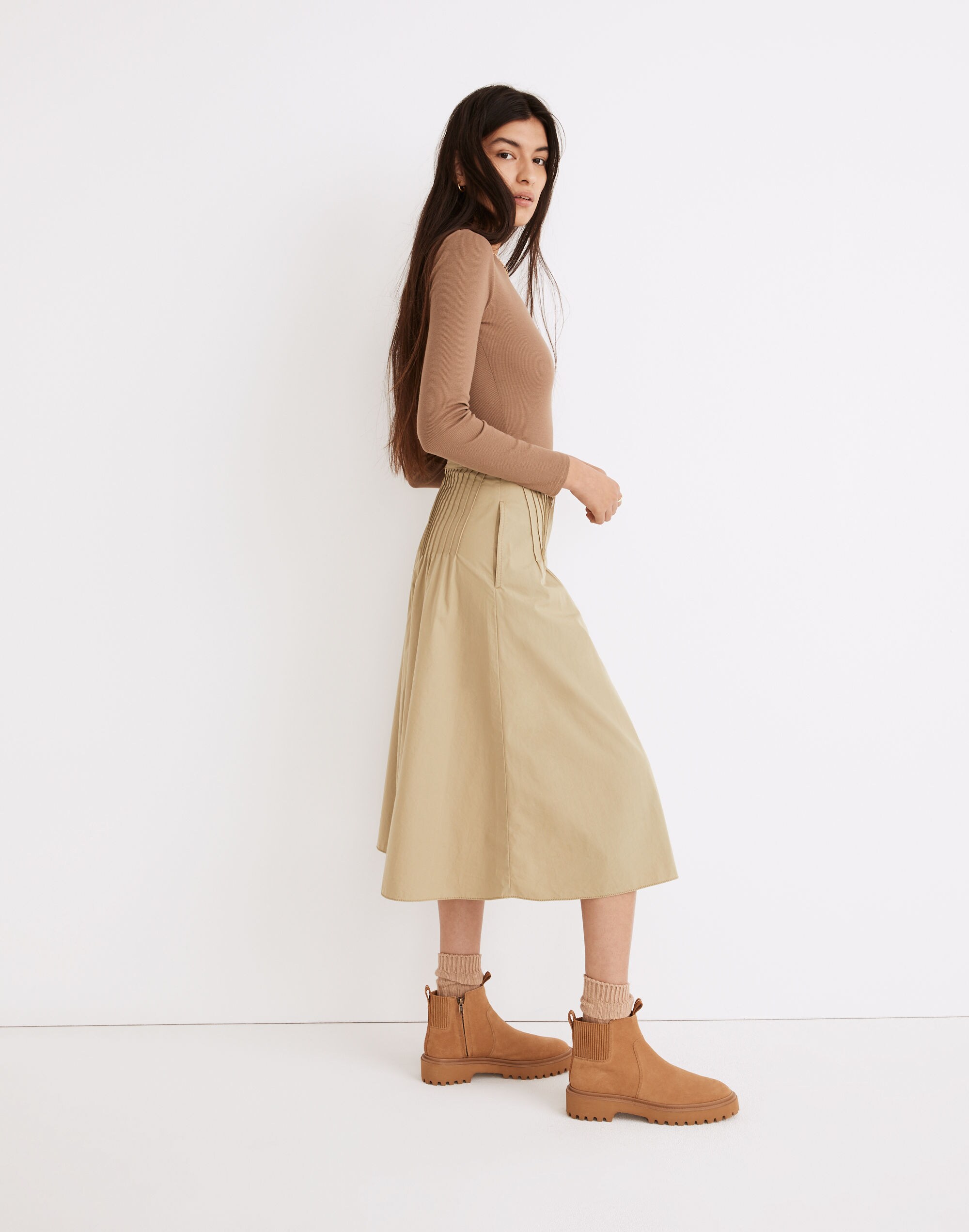 Button-Front Pintuck Midi Skirt