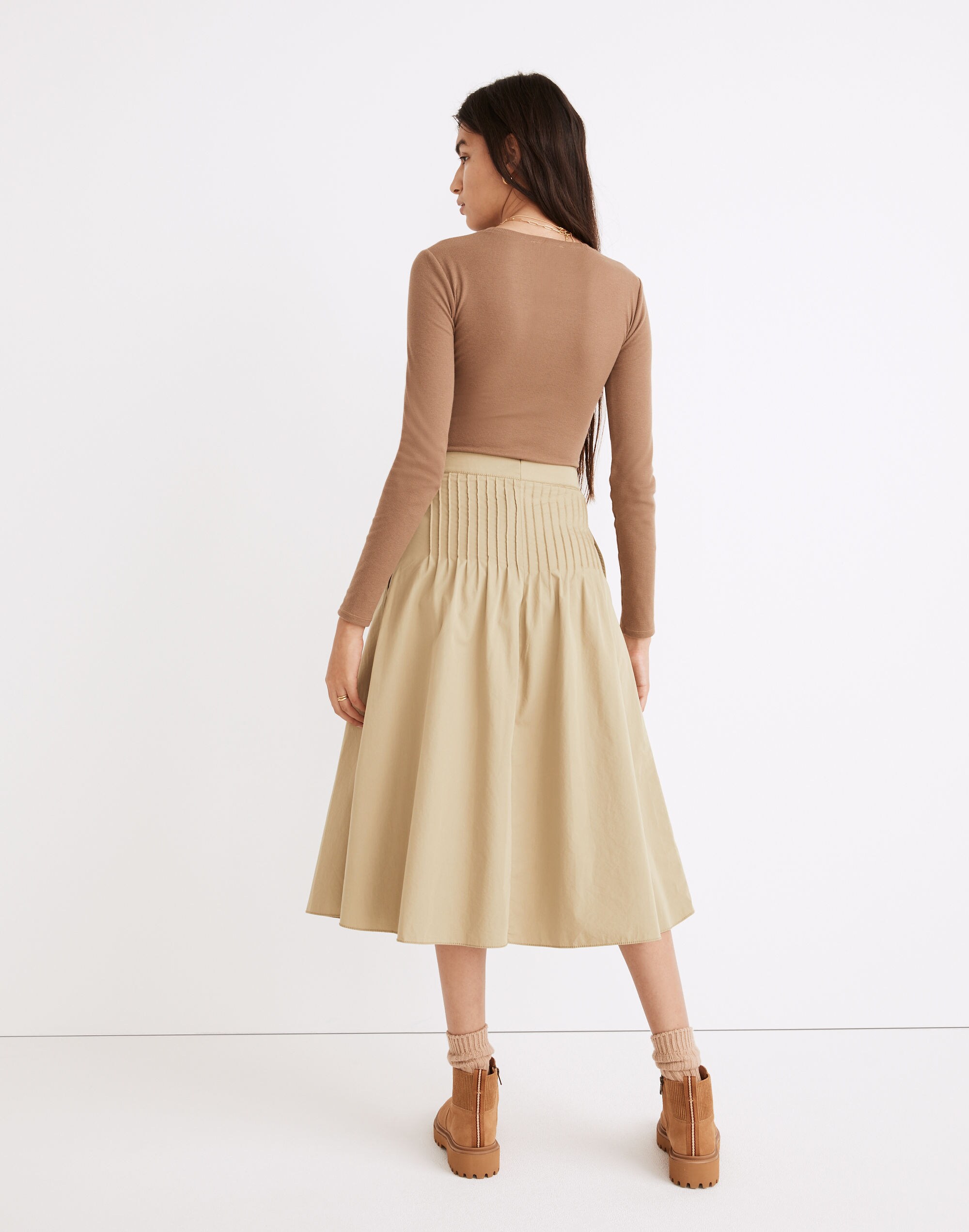 Button-Front Pintuck Midi Skirt