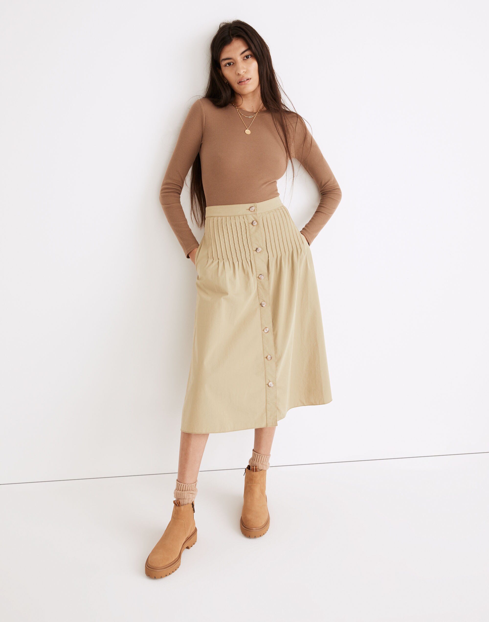 Button-Front Pintuck Midi Skirt