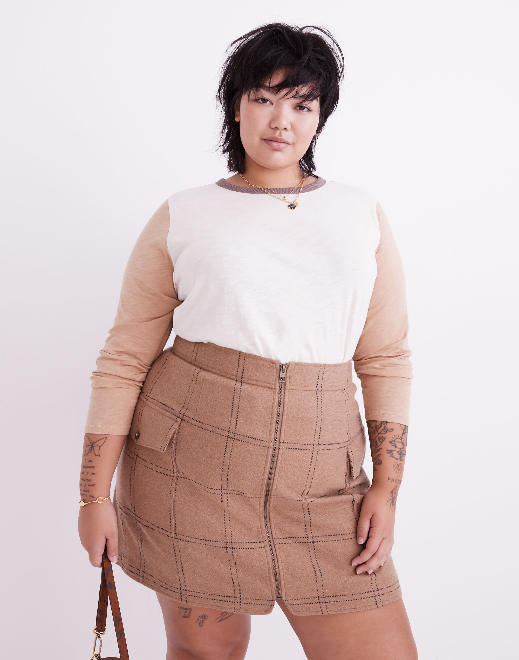 plus (re)sourced zip-front mini skirt in windowpane