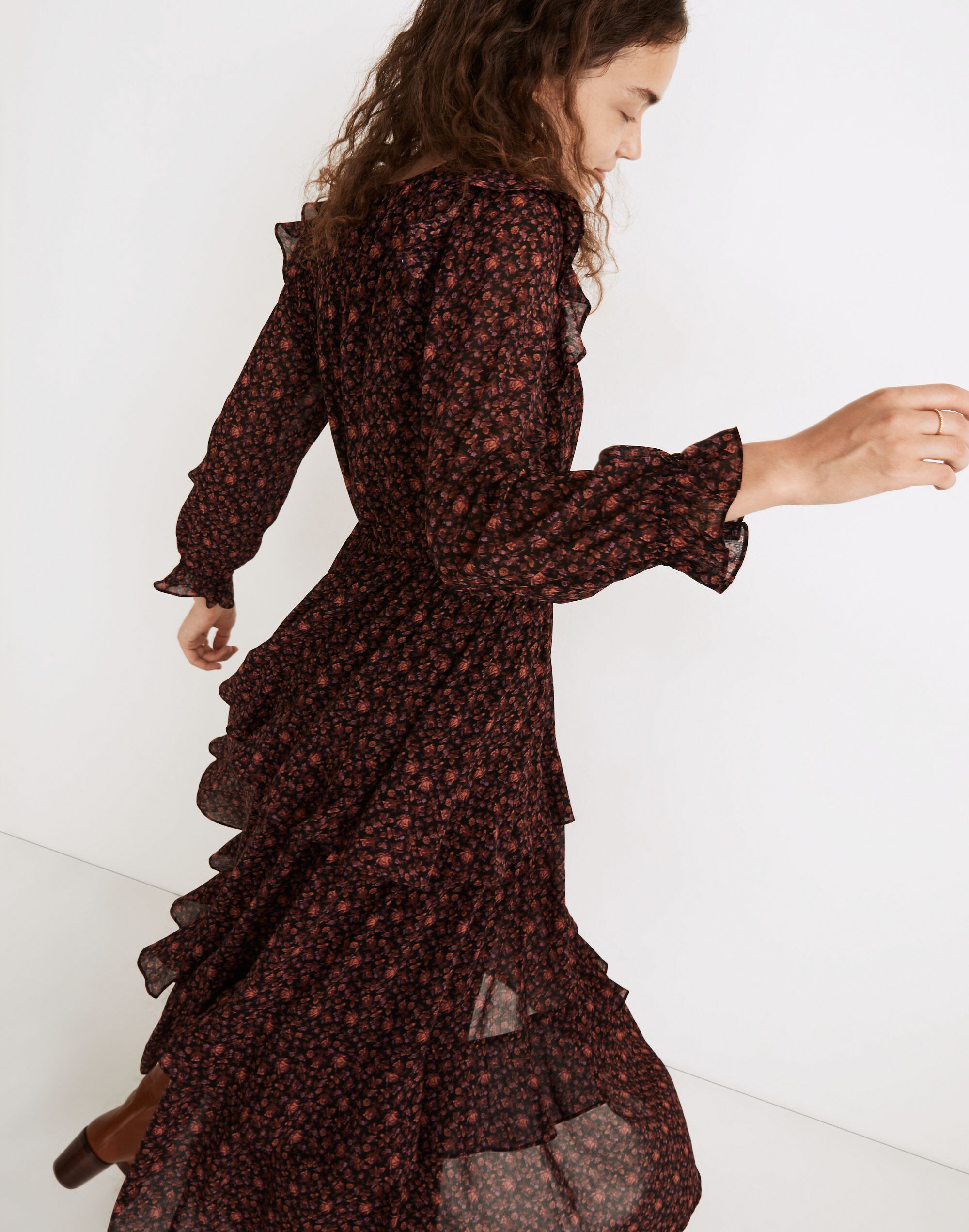 (Re)sourced Georgette Tiered Ruffle Midi Dress in Orchard Floral