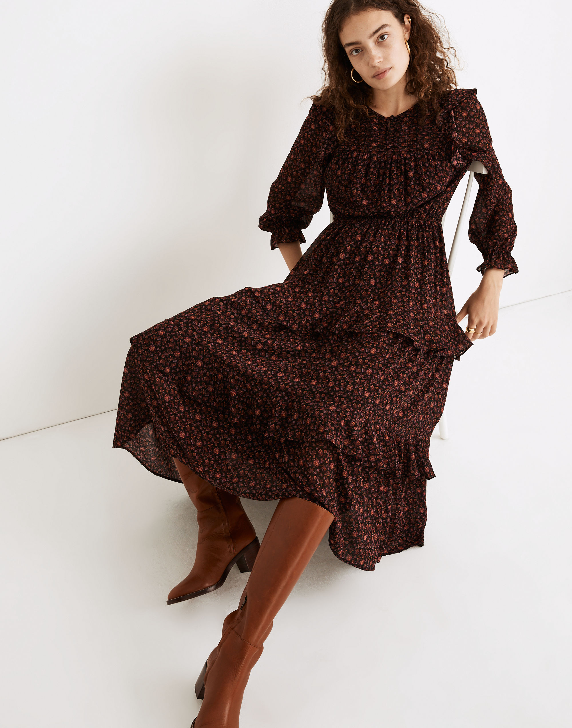 (re)sourced georgette tiered ruffle midi dress in orchard floral