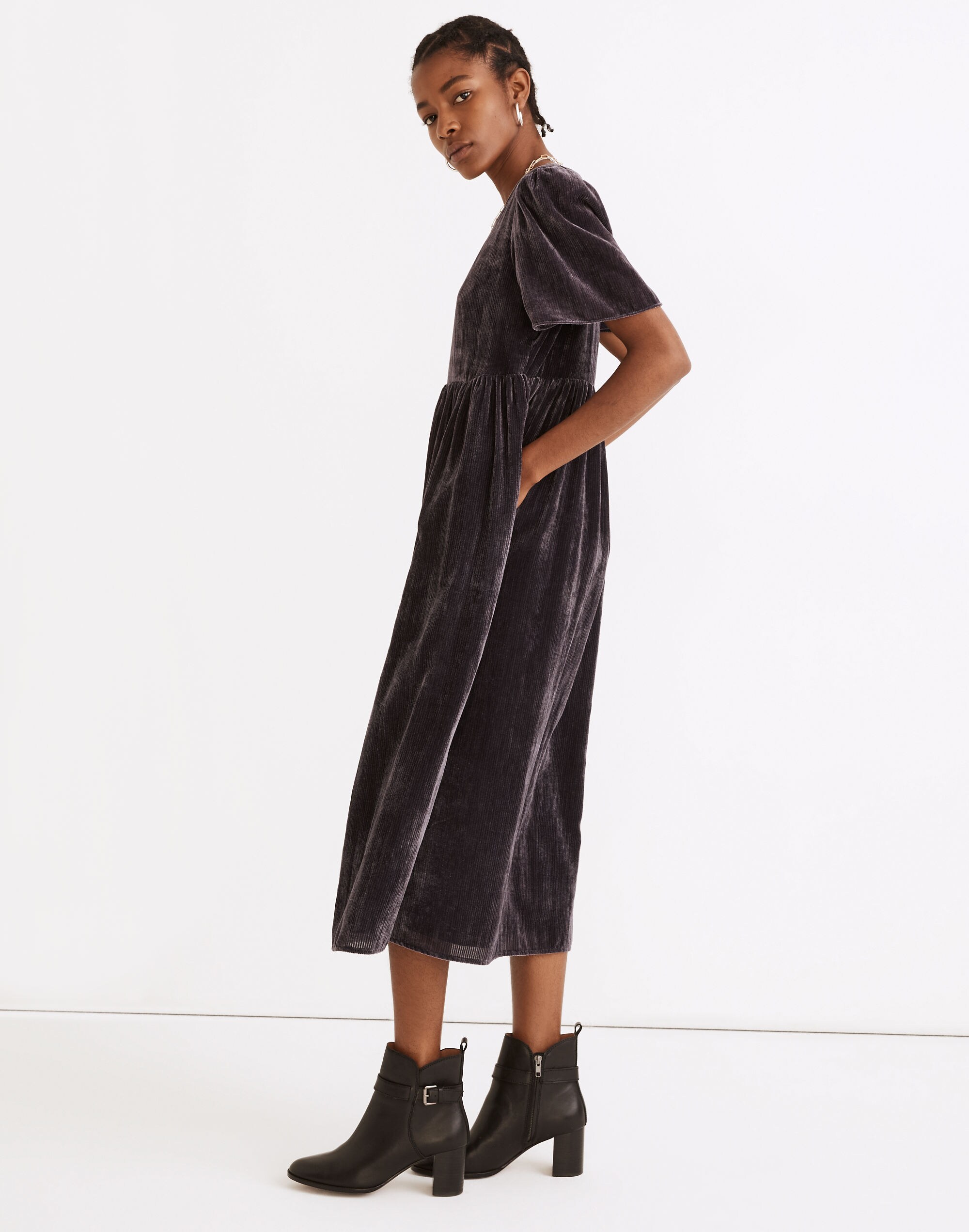 Velvet Puff-Sleeve V-Neck Midi Dress