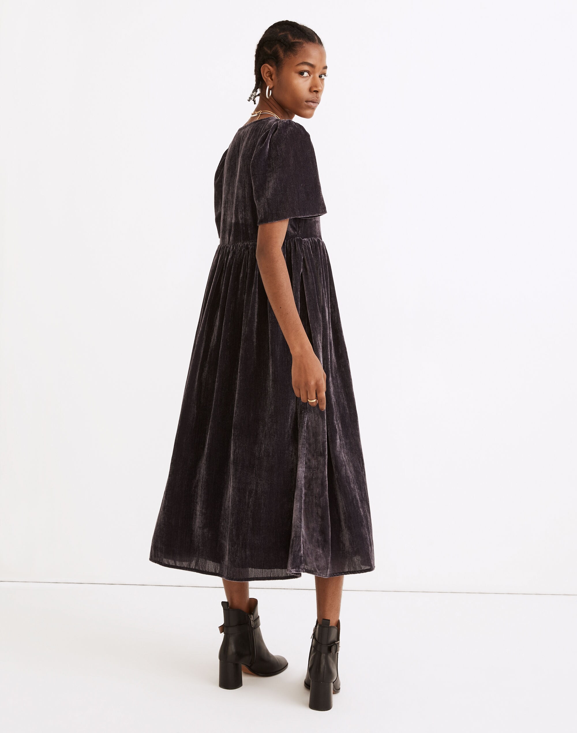 Velvet Puff-Sleeve V-Neck Midi Dress