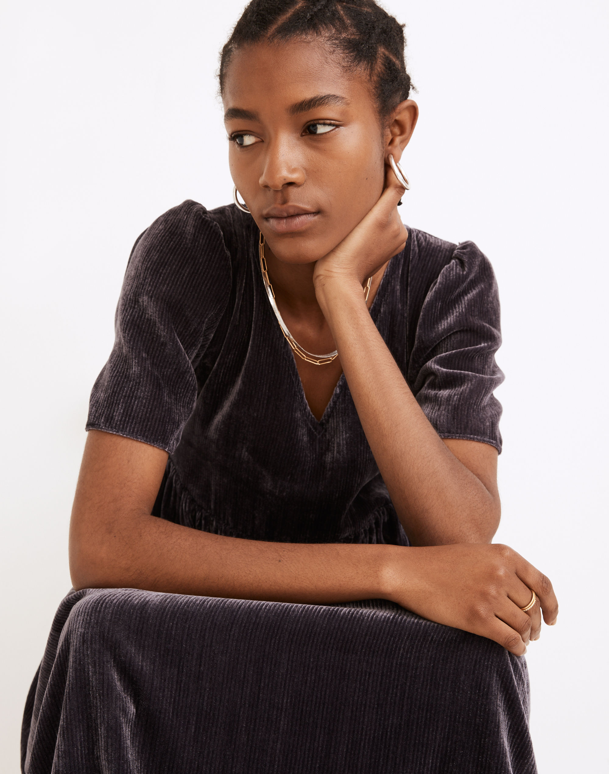 Velvet Puff-Sleeve V-Neck Midi Dress