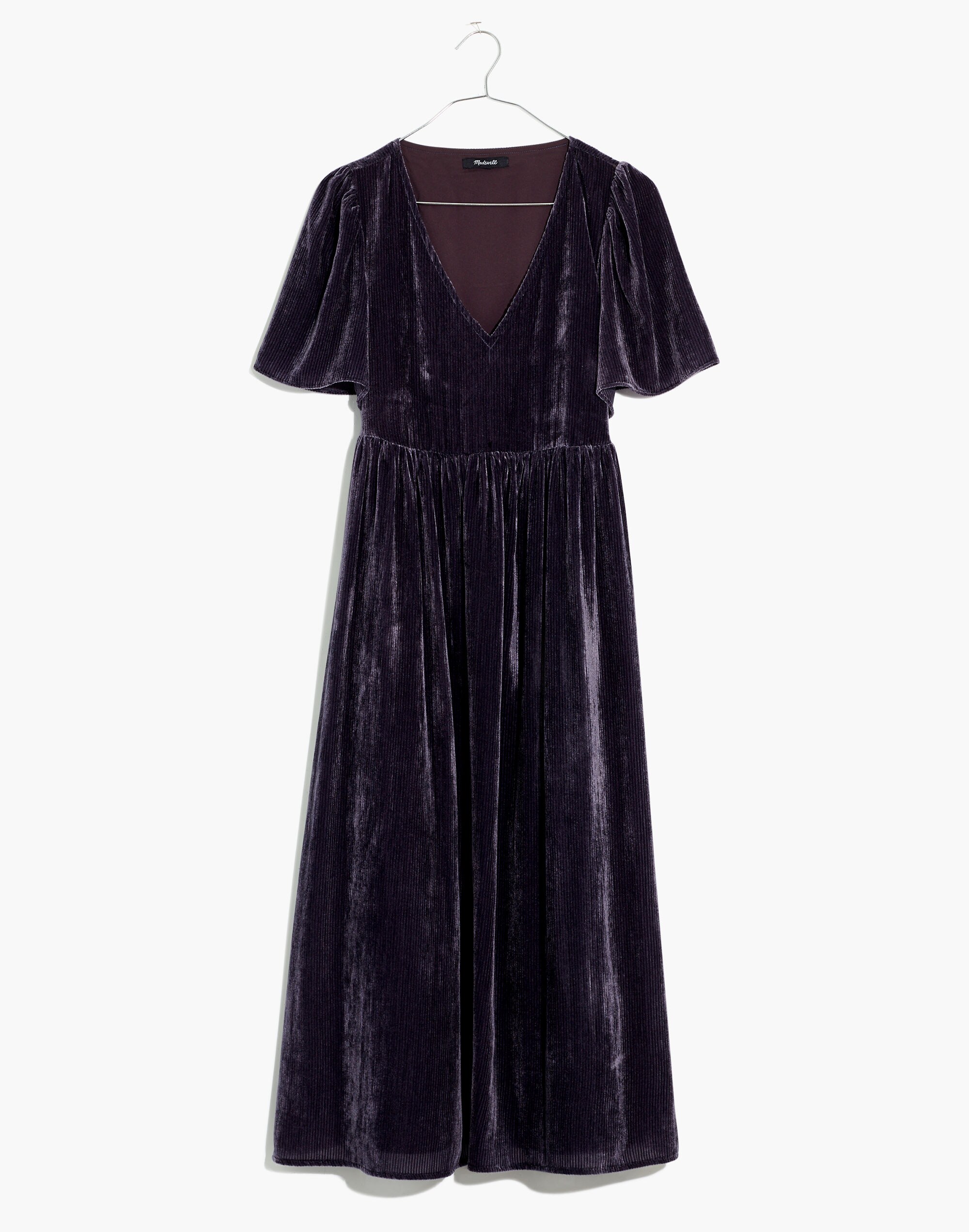 Velvet Puff-Sleeve V-Neck Midi Dress