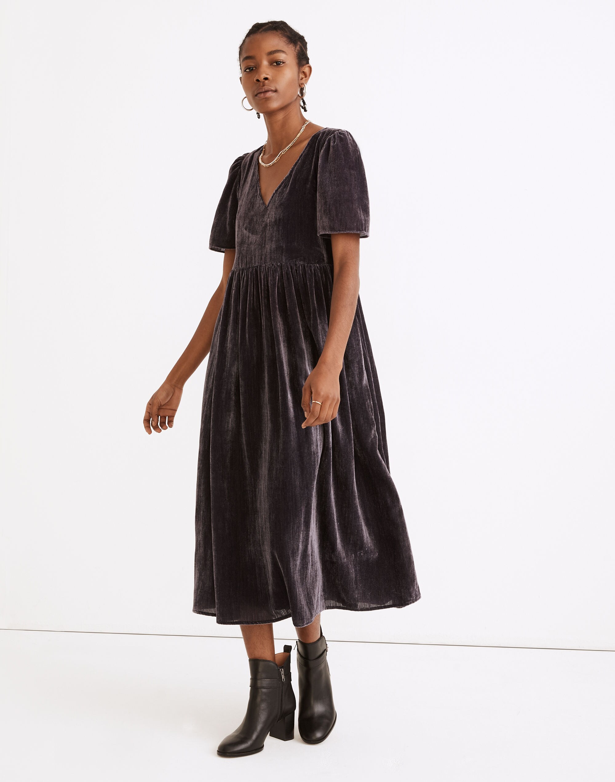 Velvet Puff-Sleeve V-Neck Midi Dress