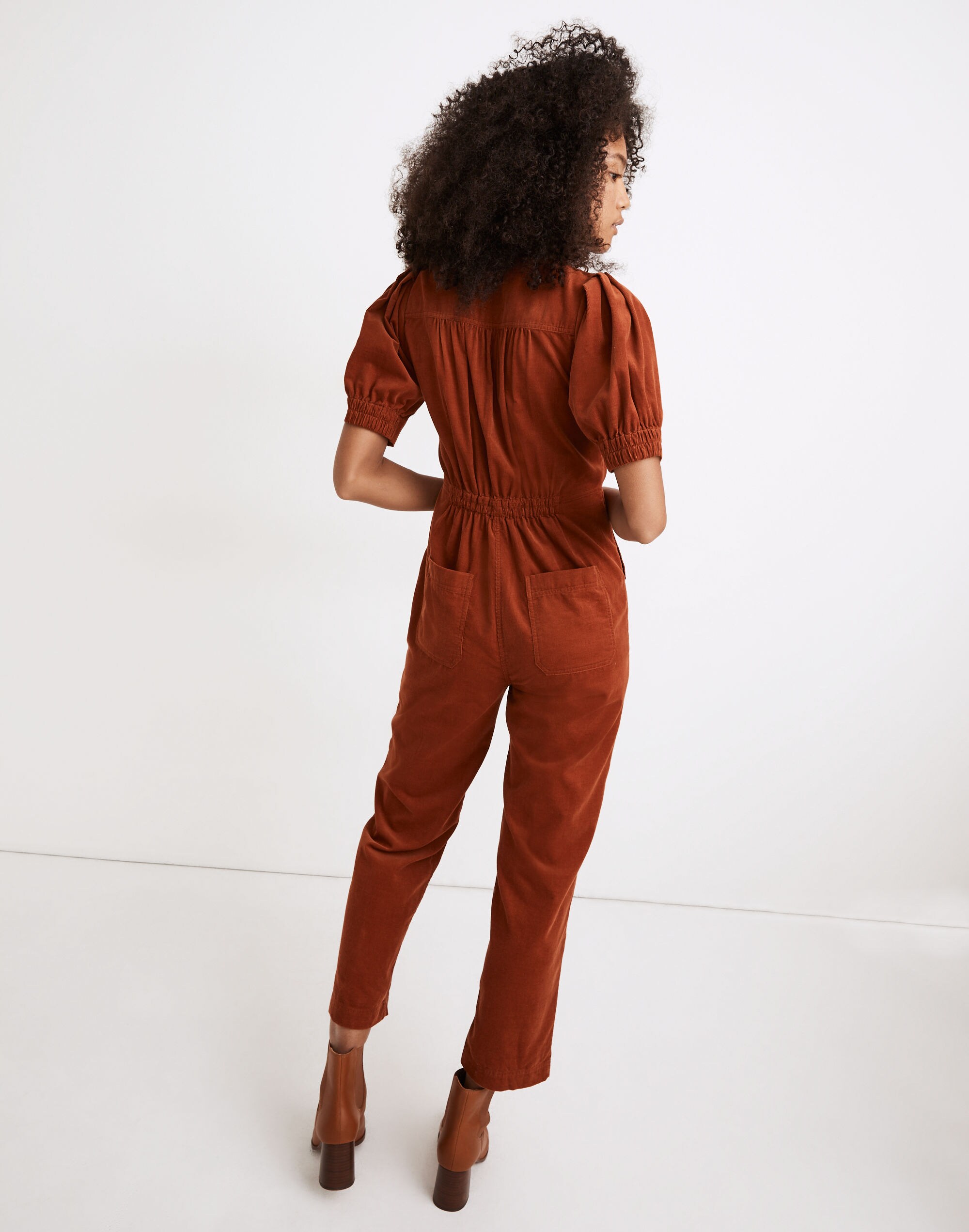 Corduroy Puff-Sleeve Button-Front Jumpsuit