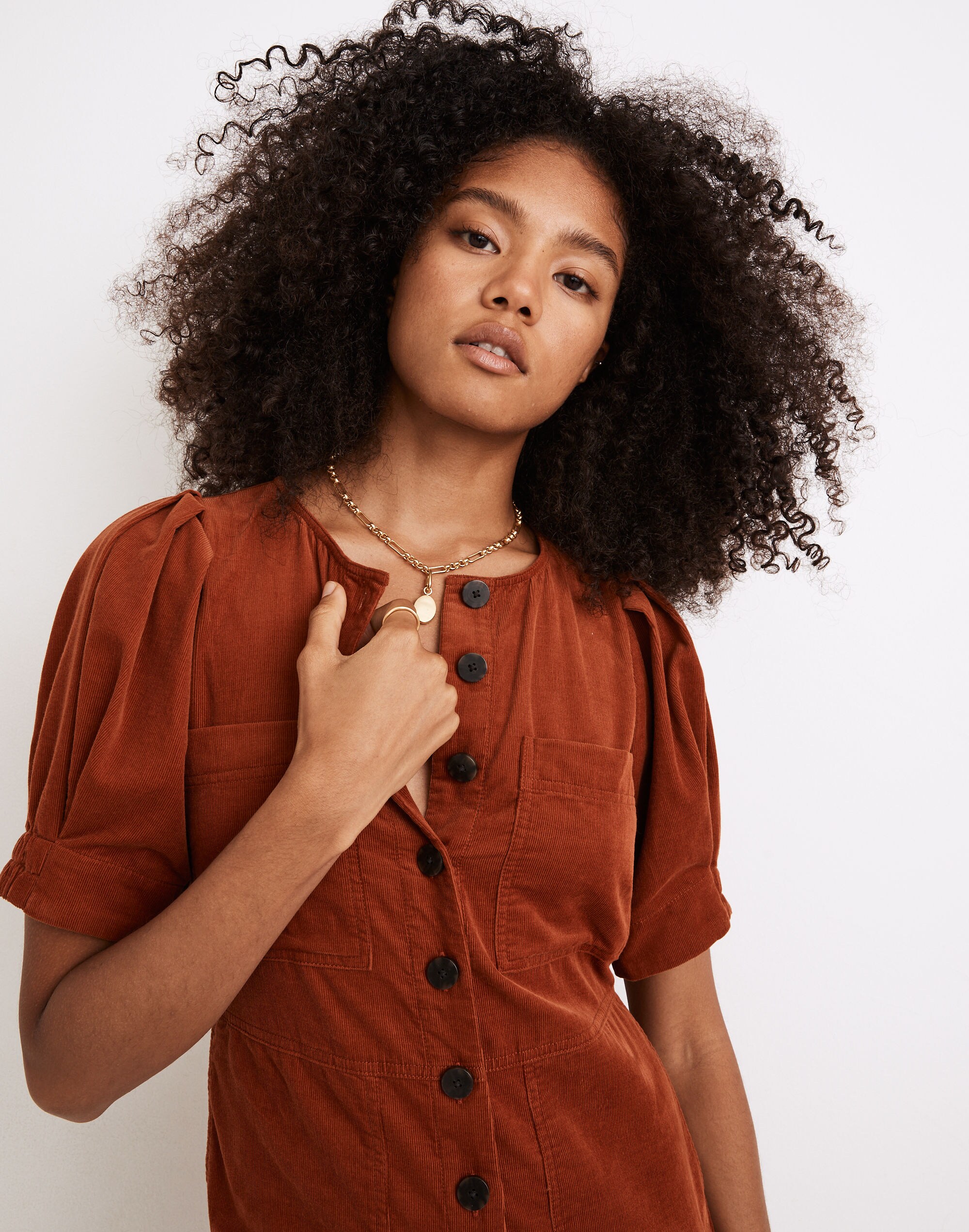 Corduroy Puff-Sleeve Button-Front Jumpsuit