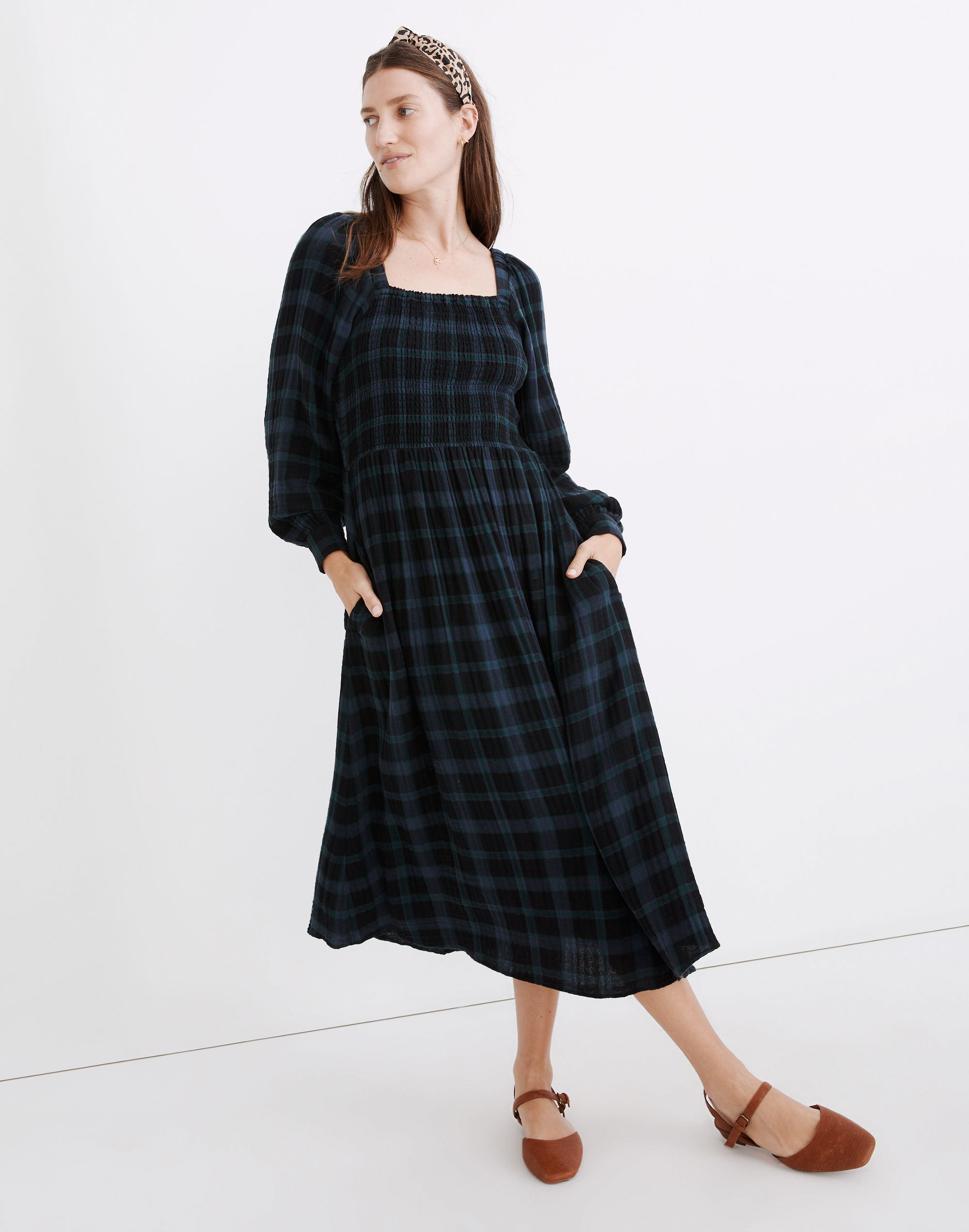 Lightspun Lucie Long-Sleeve Smocked Midi Dress in Livonia Plaid