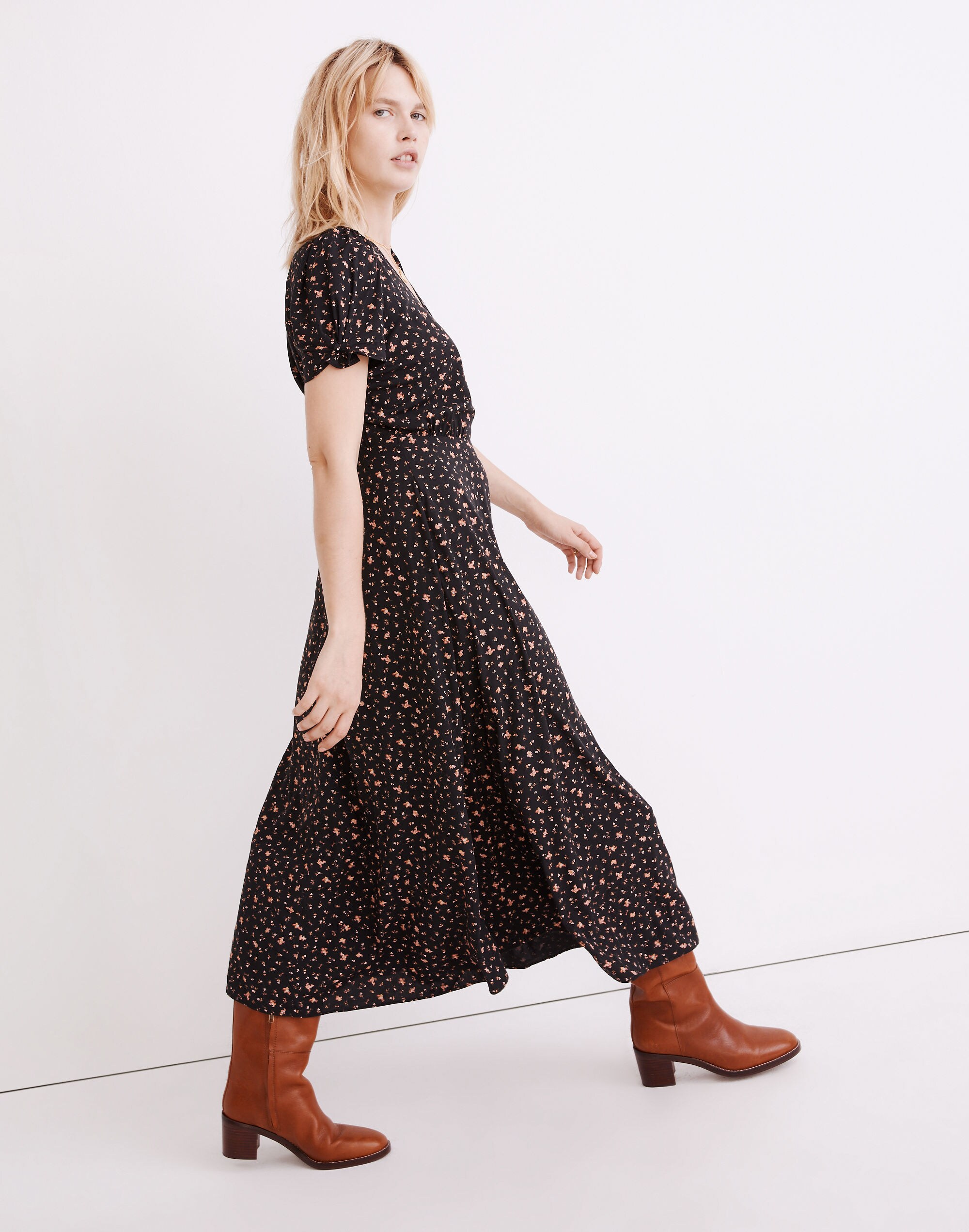 Puff-Sleeve Faux-Wrap Midi Dress in Stem Scatter