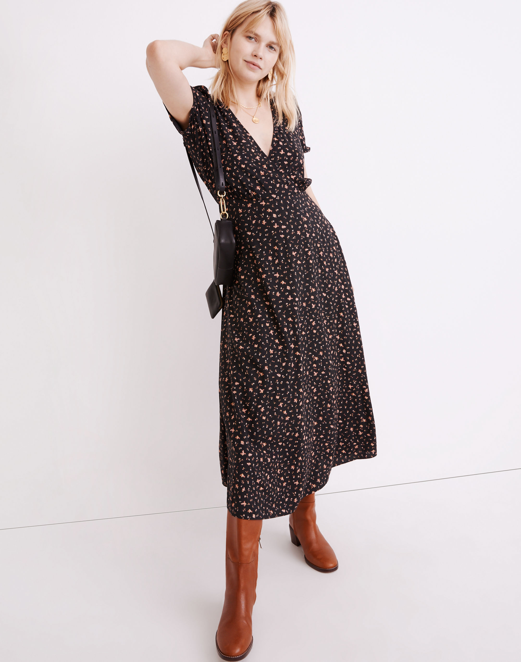 puff-sleeve faux-wrap midi dress in stem scatter