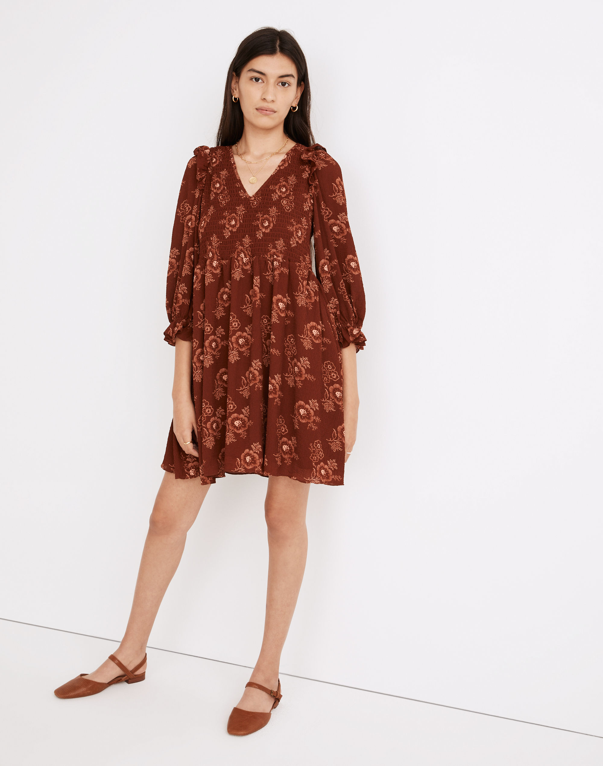lucie v-neck smocked mini dress in letterpress floral