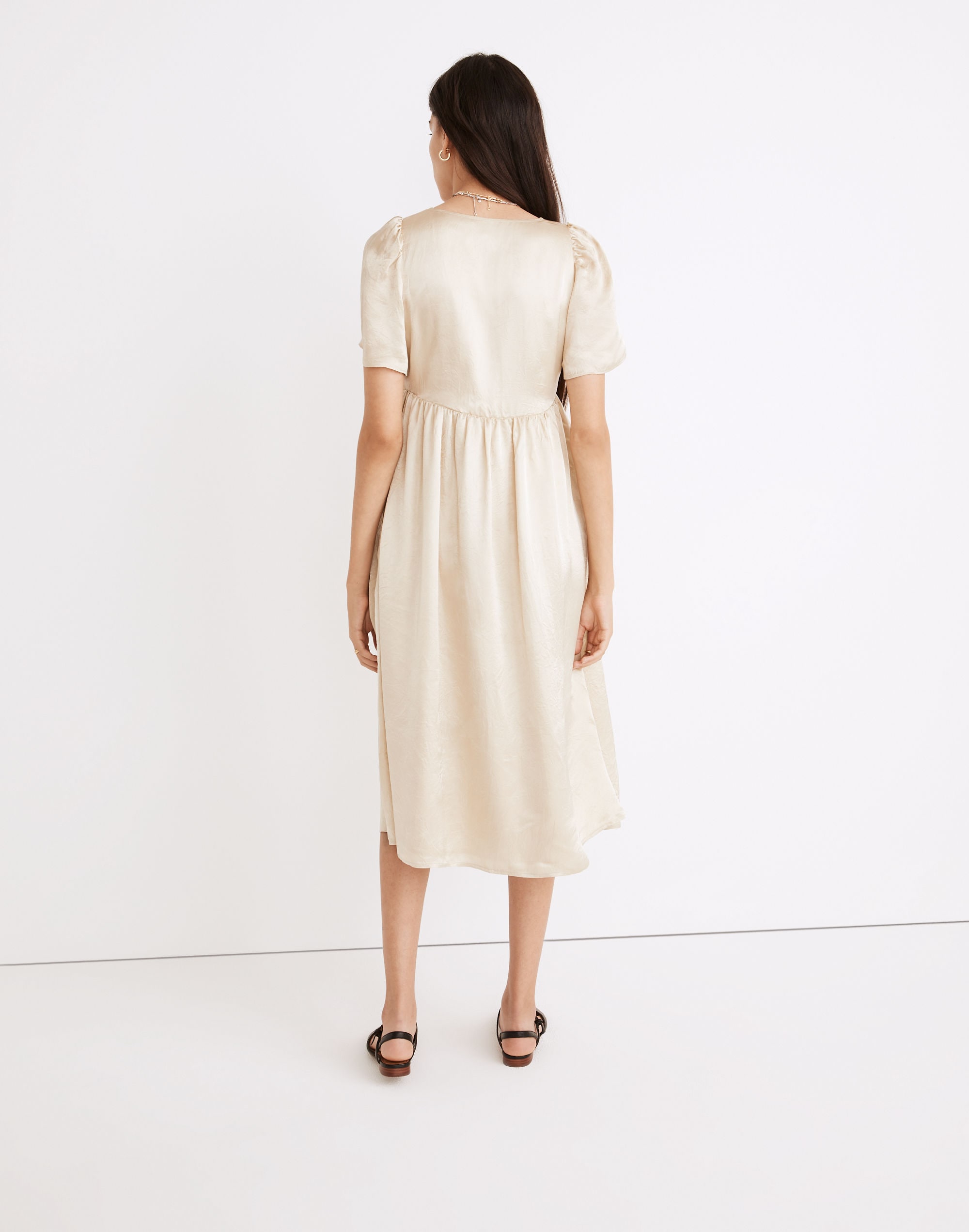 Puff-Sleeve V-Neck Midi Dress in Shiny Gold