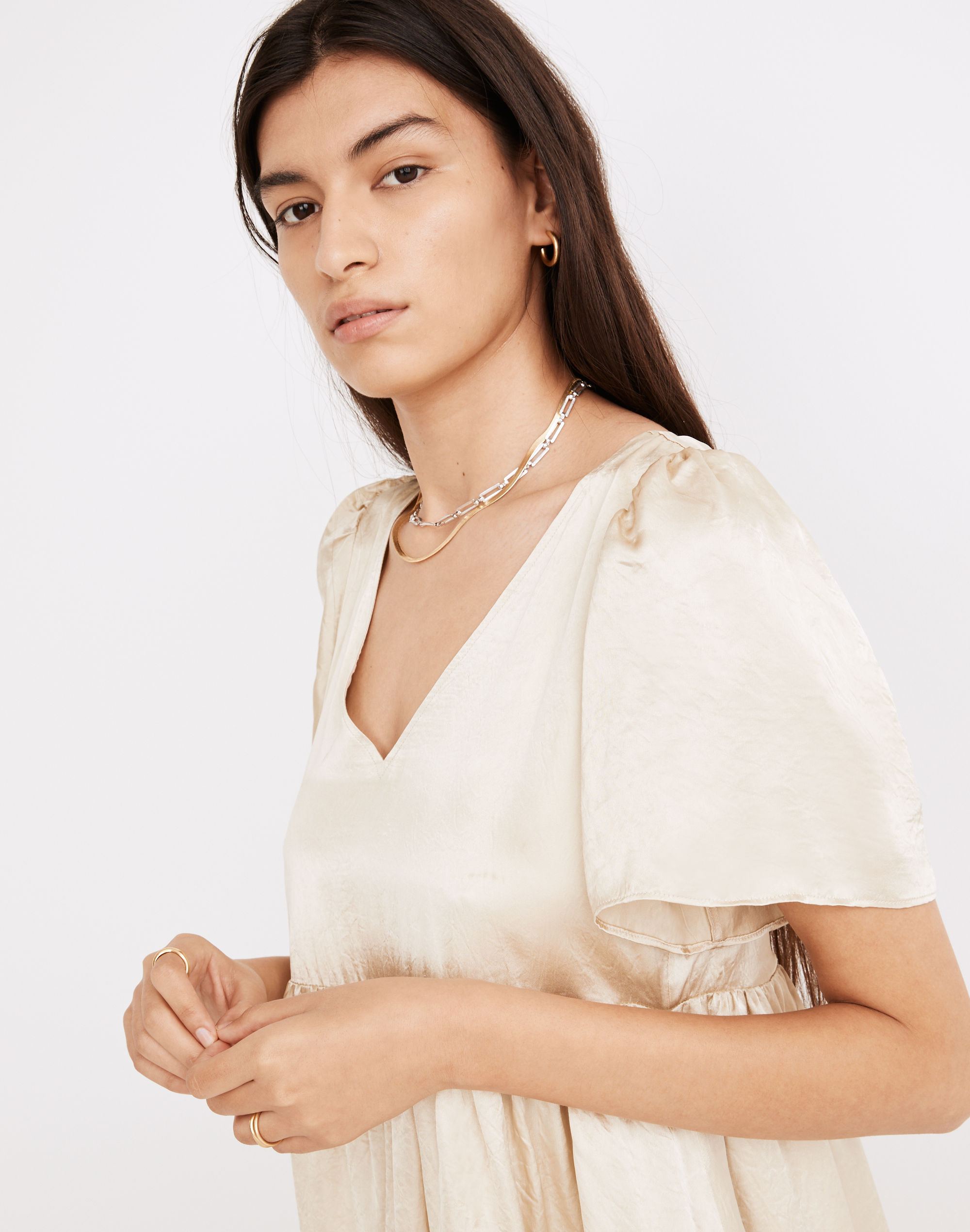 Puff-Sleeve V-Neck Midi Dress in Shiny Gold