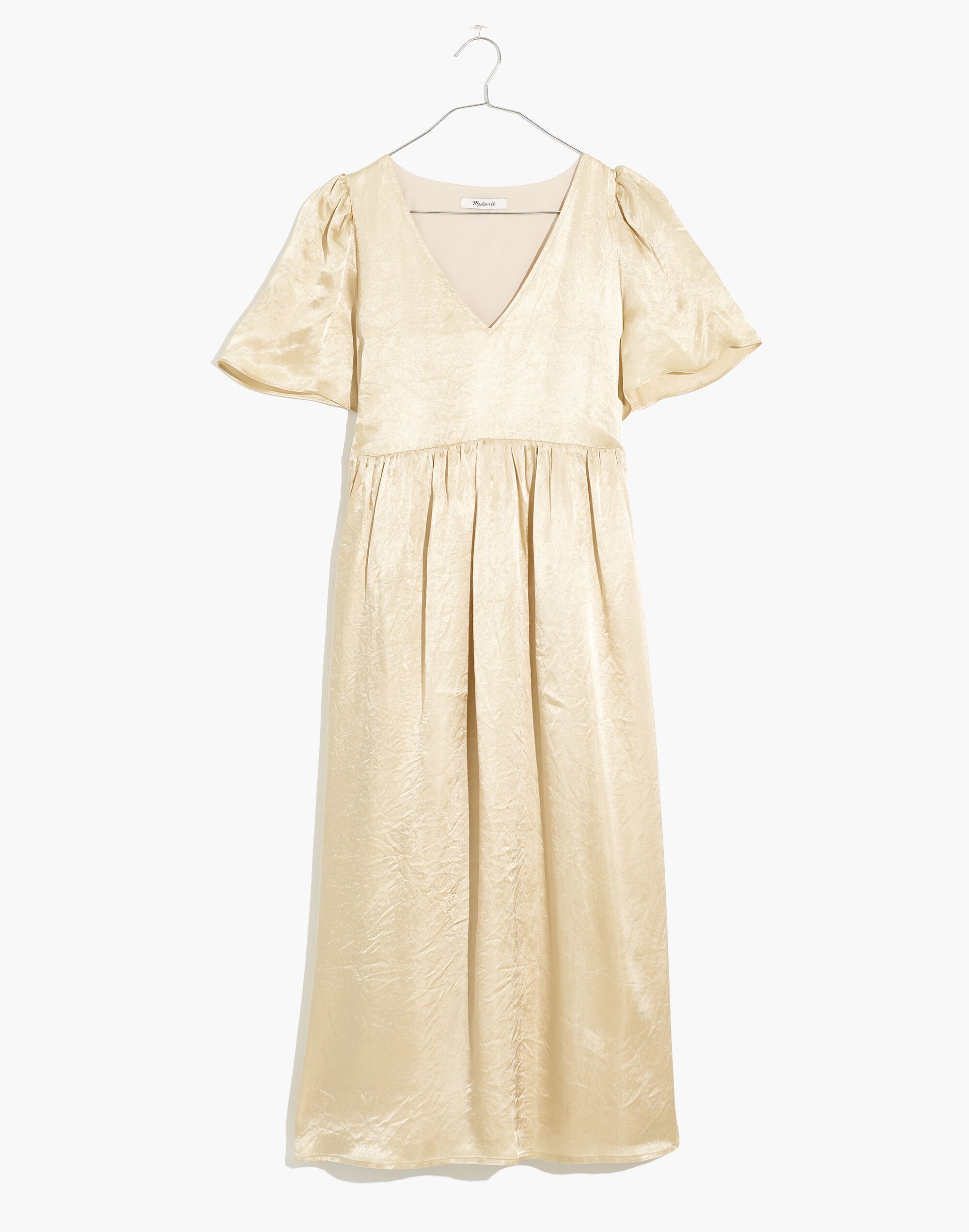Puff-Sleeve V-Neck Midi Dress in Shiny Gold