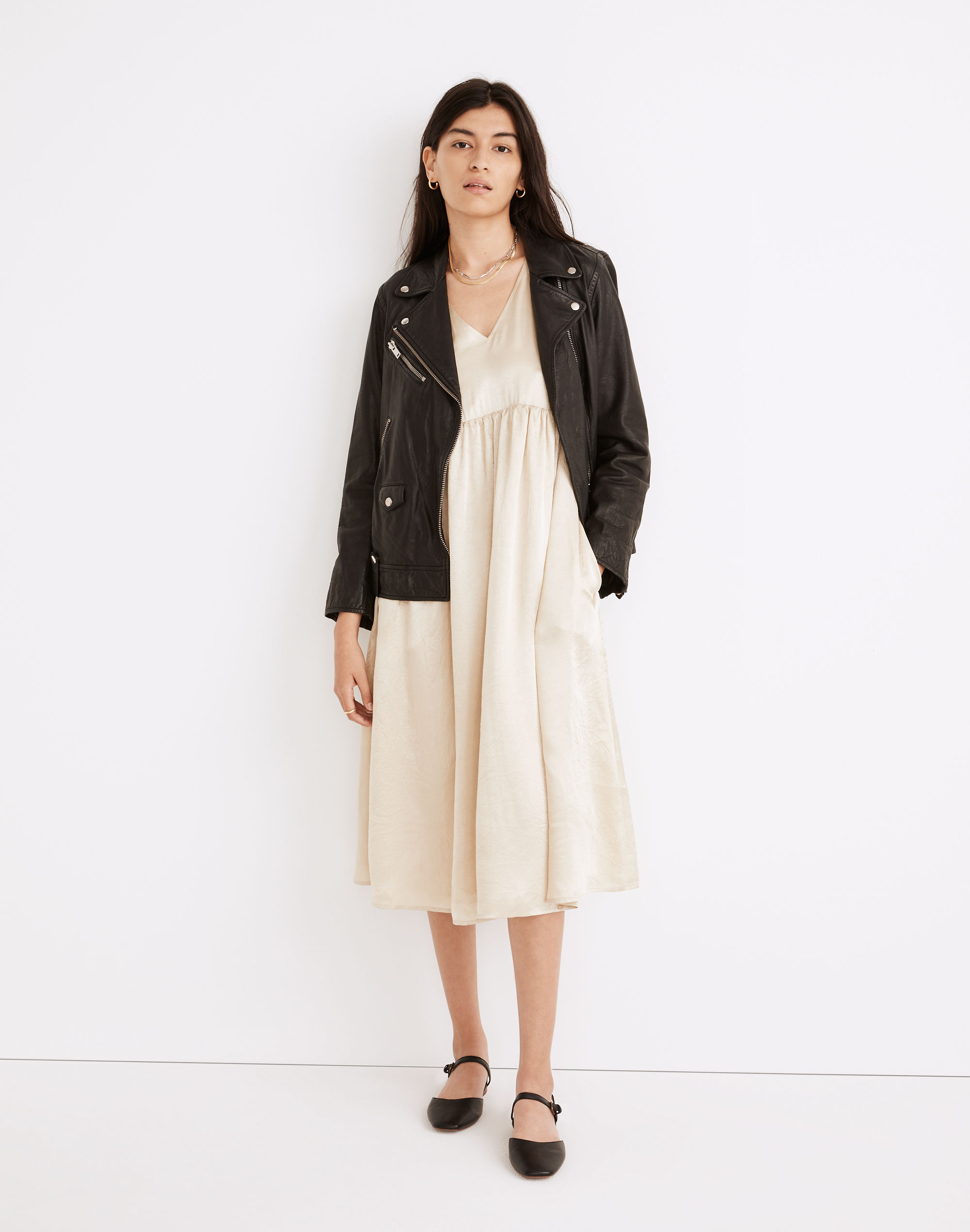 Puff-Sleeve V-Neck Midi Dress in Shiny Gold