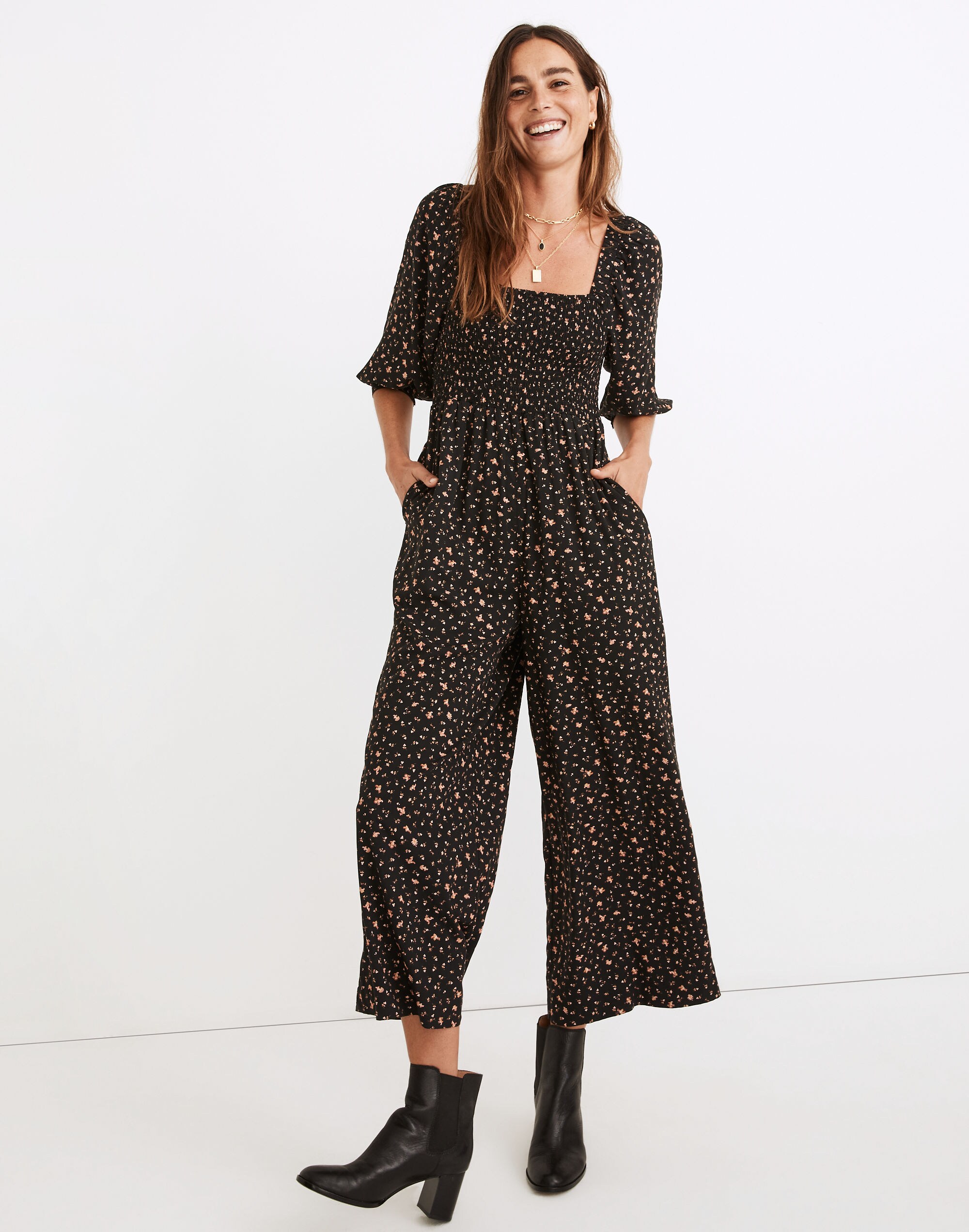 lucie elbow-sleeve smocked wide-leg jumpsuit in stem scatter
