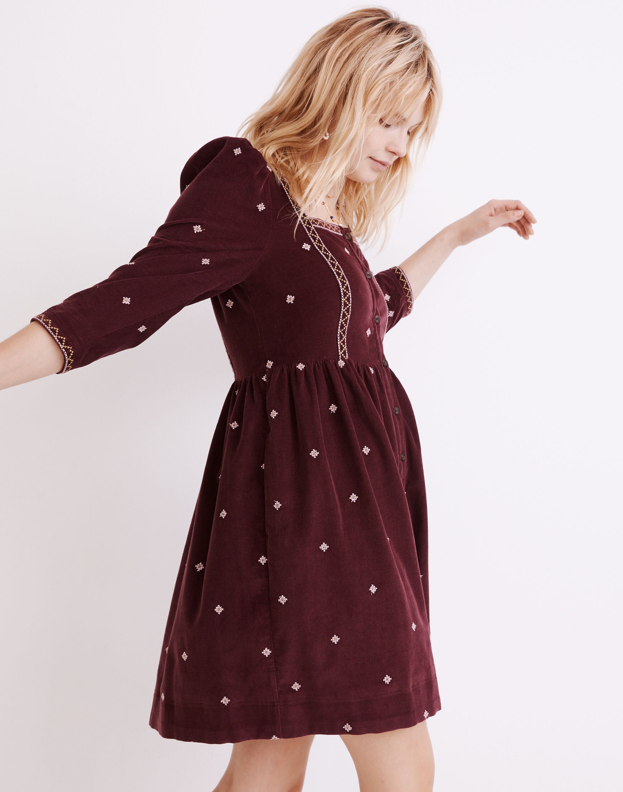 Embroidered Corduroy Button-Front Mini Dress