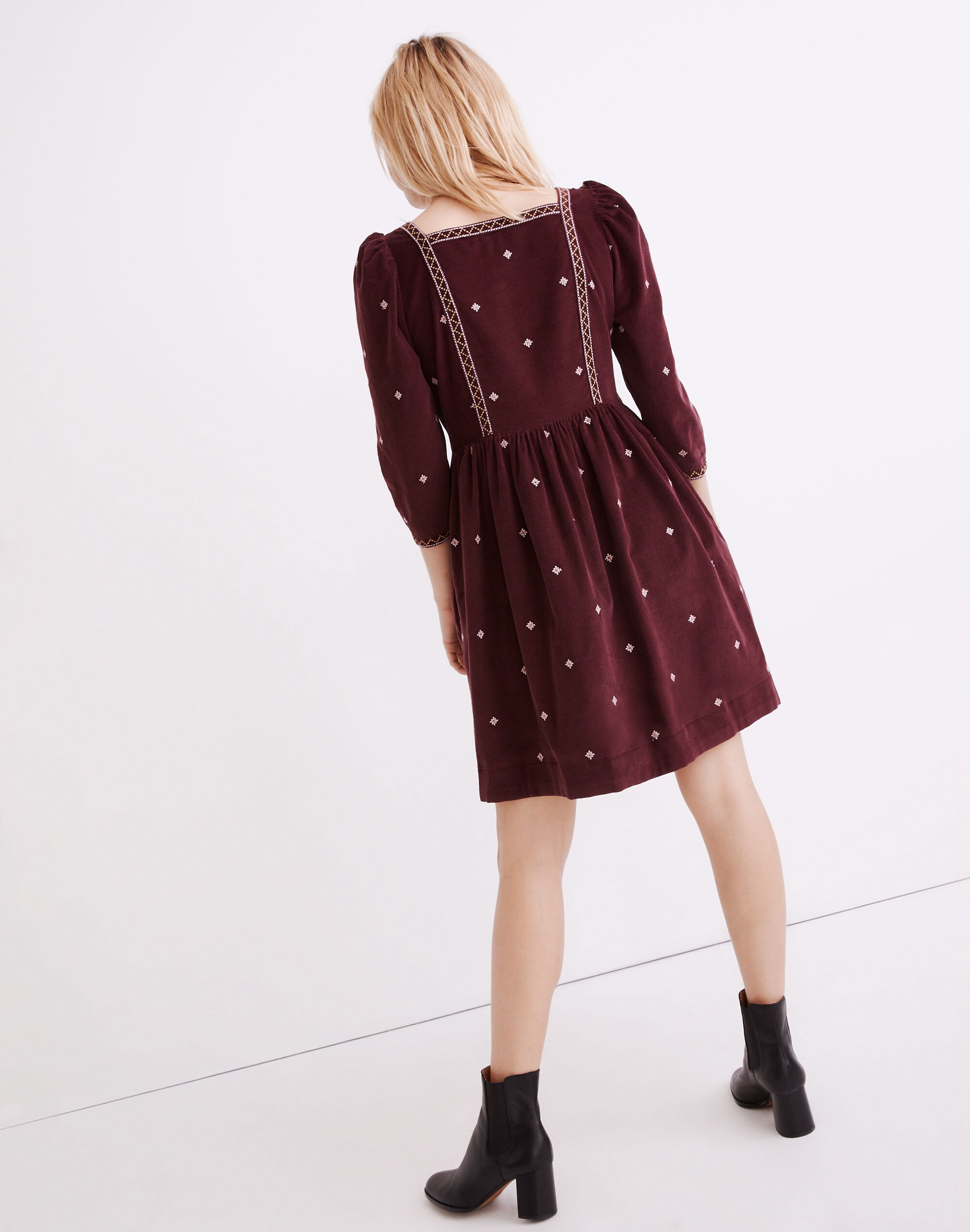 Embroidered Corduroy Button-Front Mini Dress